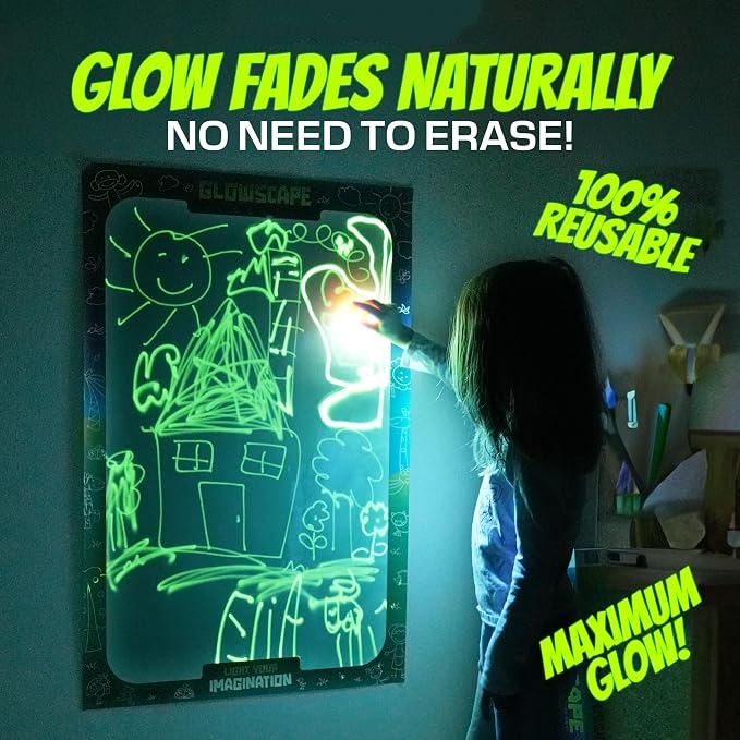 A glowing drawing on a reusable light-reactive surface