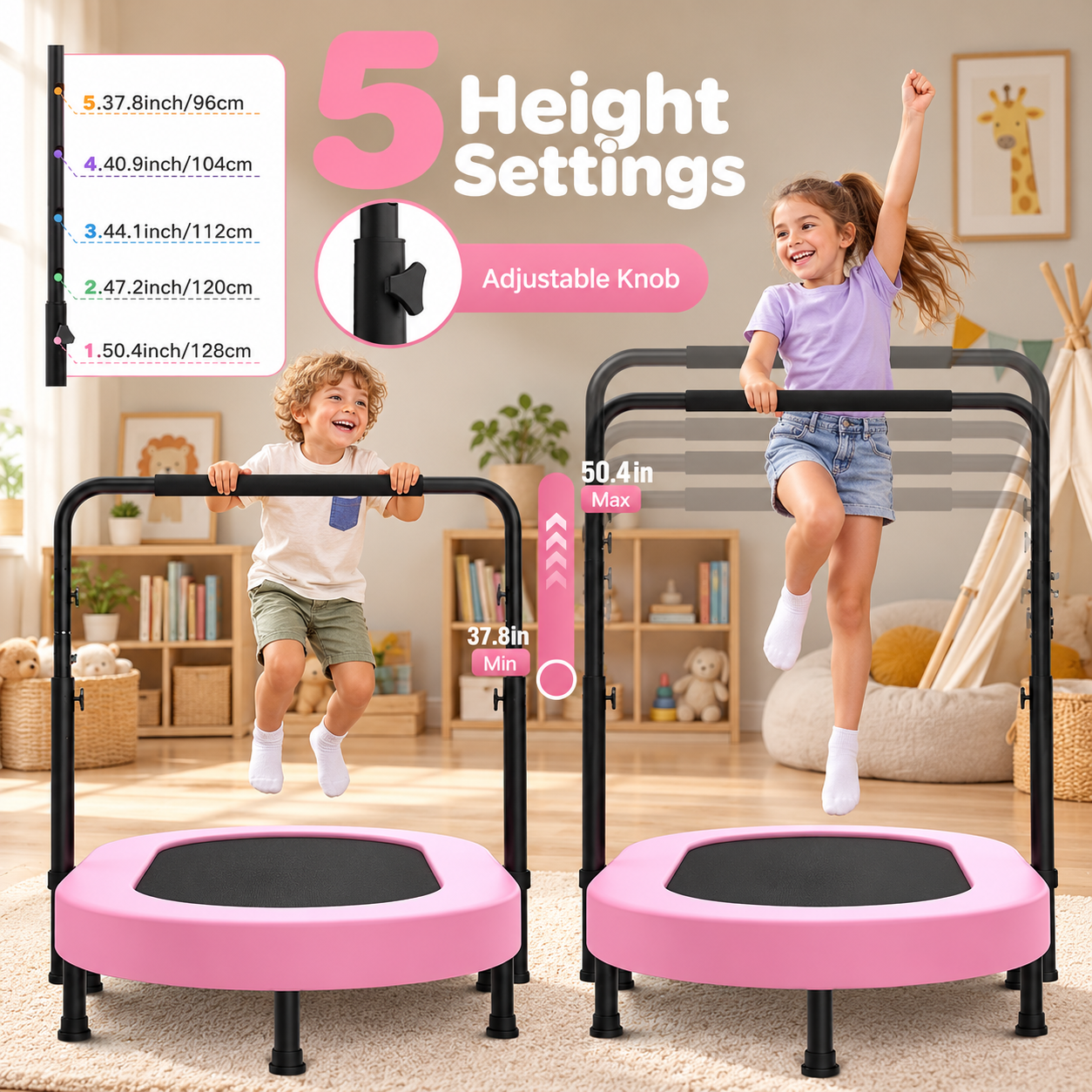 56-Inch Kids Mini Trampoline with Adjustable Handlebar