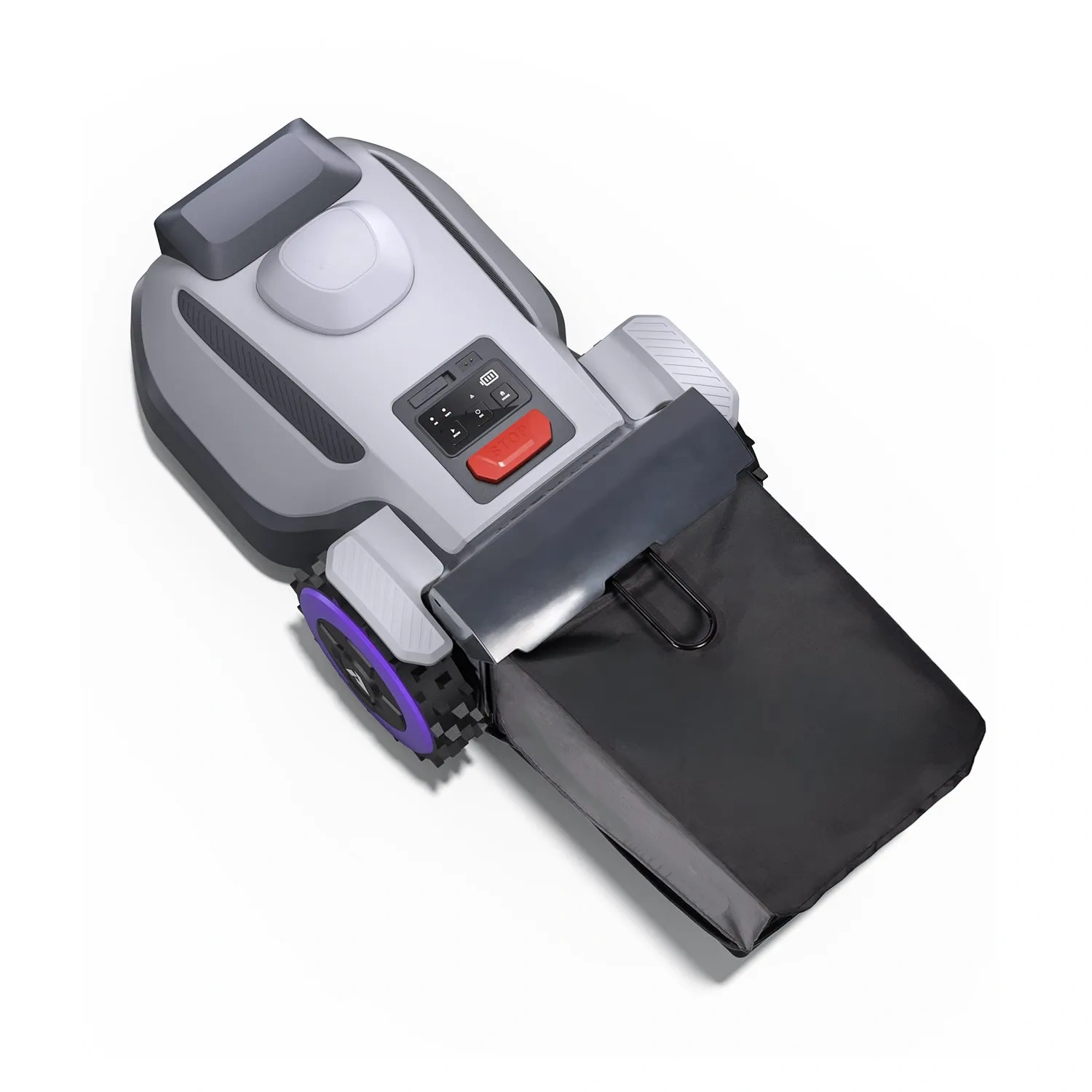 Top view of robotic lawn mower and its rear grass collection bag