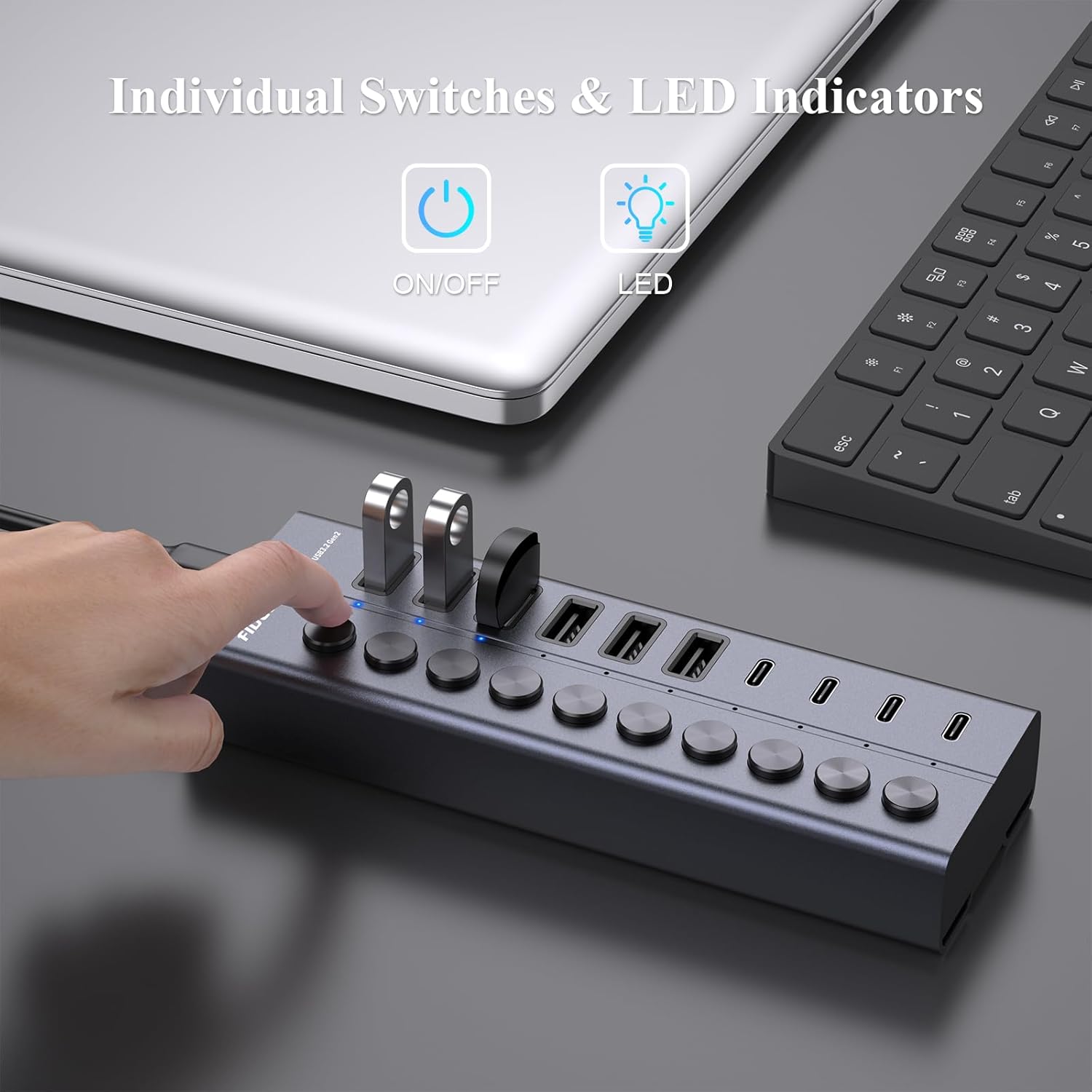 10‑Port Powered USB Hub – 10Gbps, 60W, 6 USB‑A + 4 USB‑C, Independent Switches, Aluminum