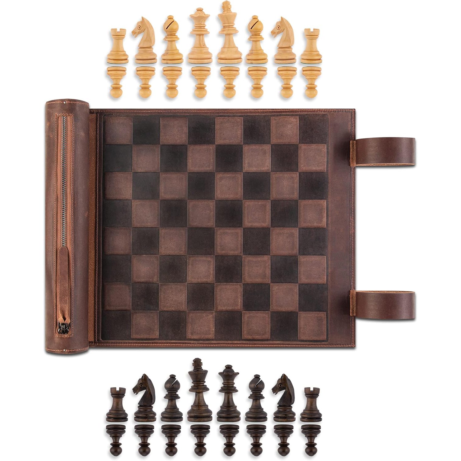 Roll-Up Magnetic Leather Chess Set – Full-Grain Leather Board & Handcrafted Wooden Pieces