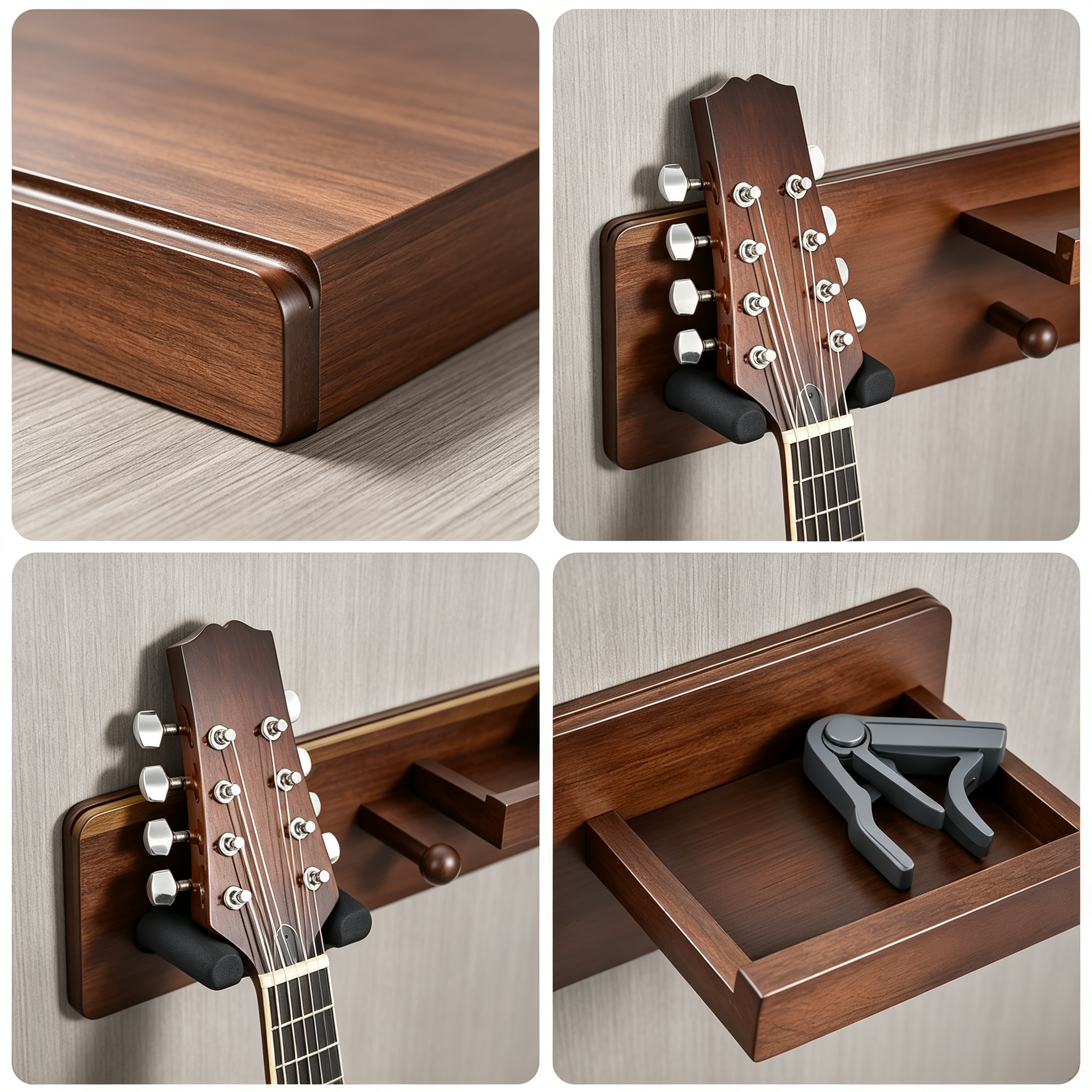 Guitar Wall Mount with Storage Shelf – Solid Wood, Pick Holder, 2 Hooks, 33 lbs Capacity
