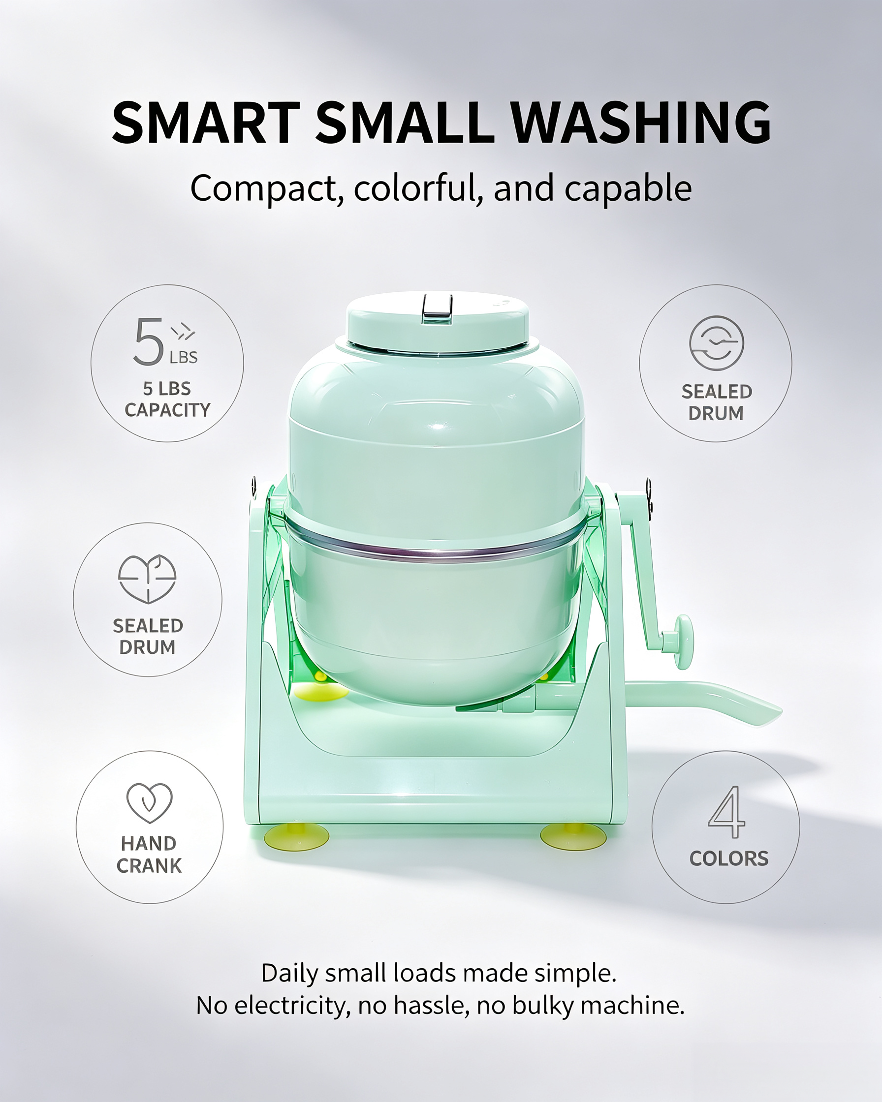 Portable Hand-Crank Washing Machine – 5 lbs Capacity, No Electricity, No Water Hookup