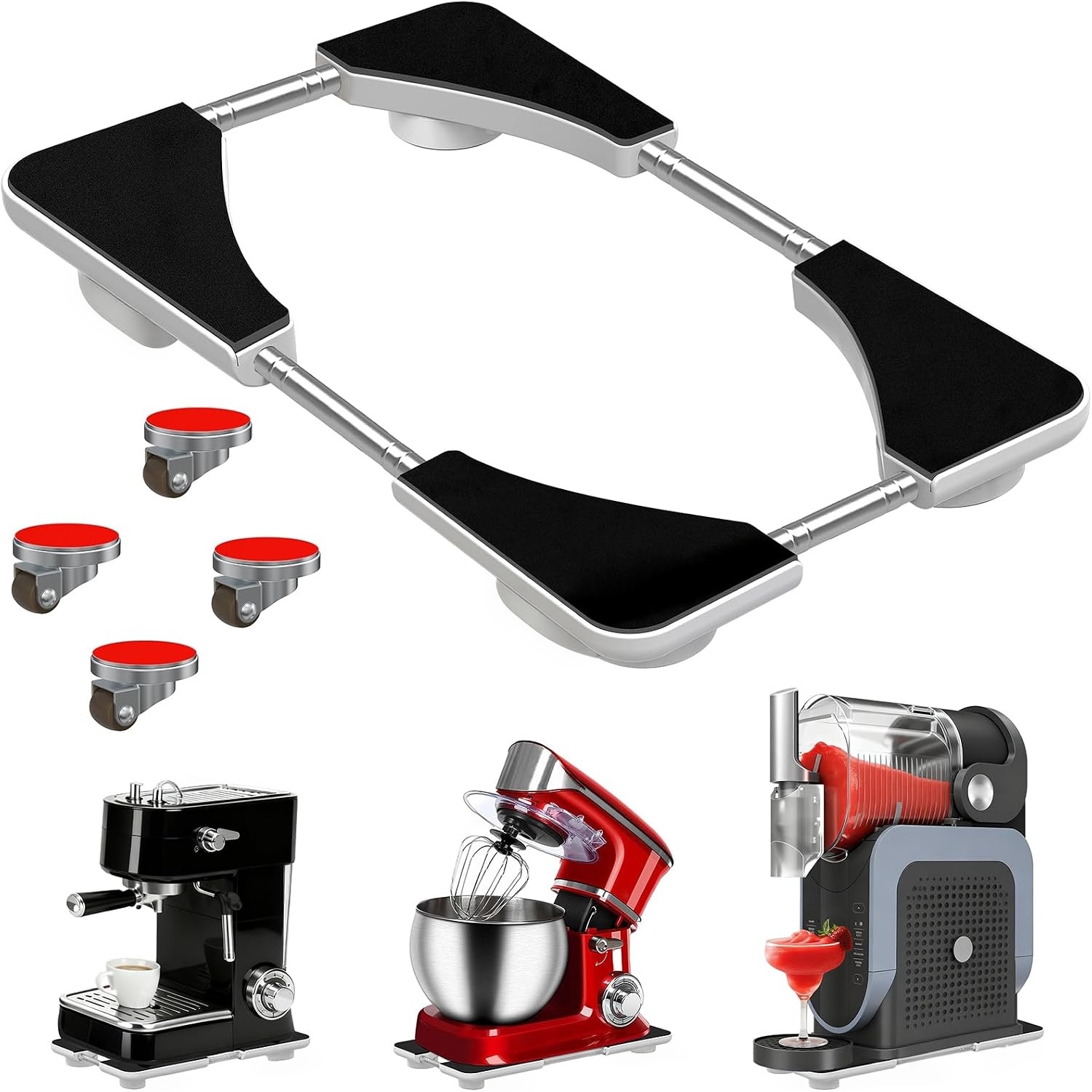 Adjustable Appliance Slider Tray – Expands 6″×11″ to 11″×20″, 360° Rolling Wheels with Locking Brakes