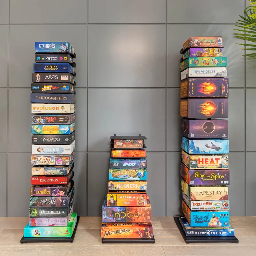 Board game storage tower keeping game boxes organized