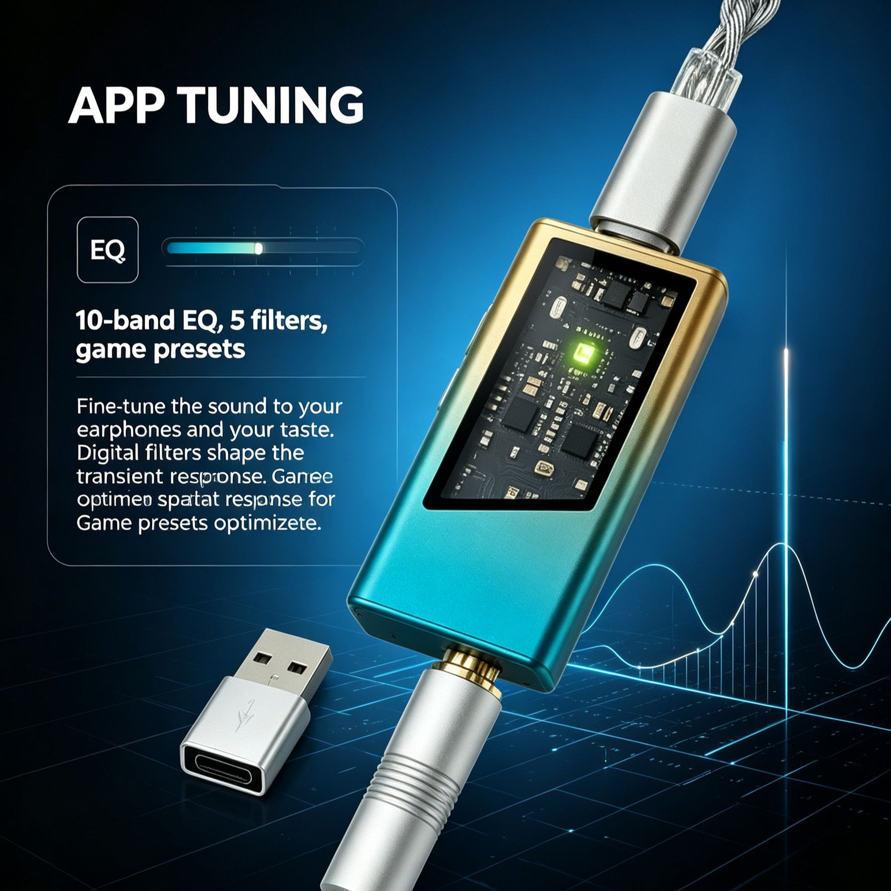 USB-C DAC Dongle – Dual DAC Chips, 3.5mm + 4.4mm Outputs, APP Tuning, 15g