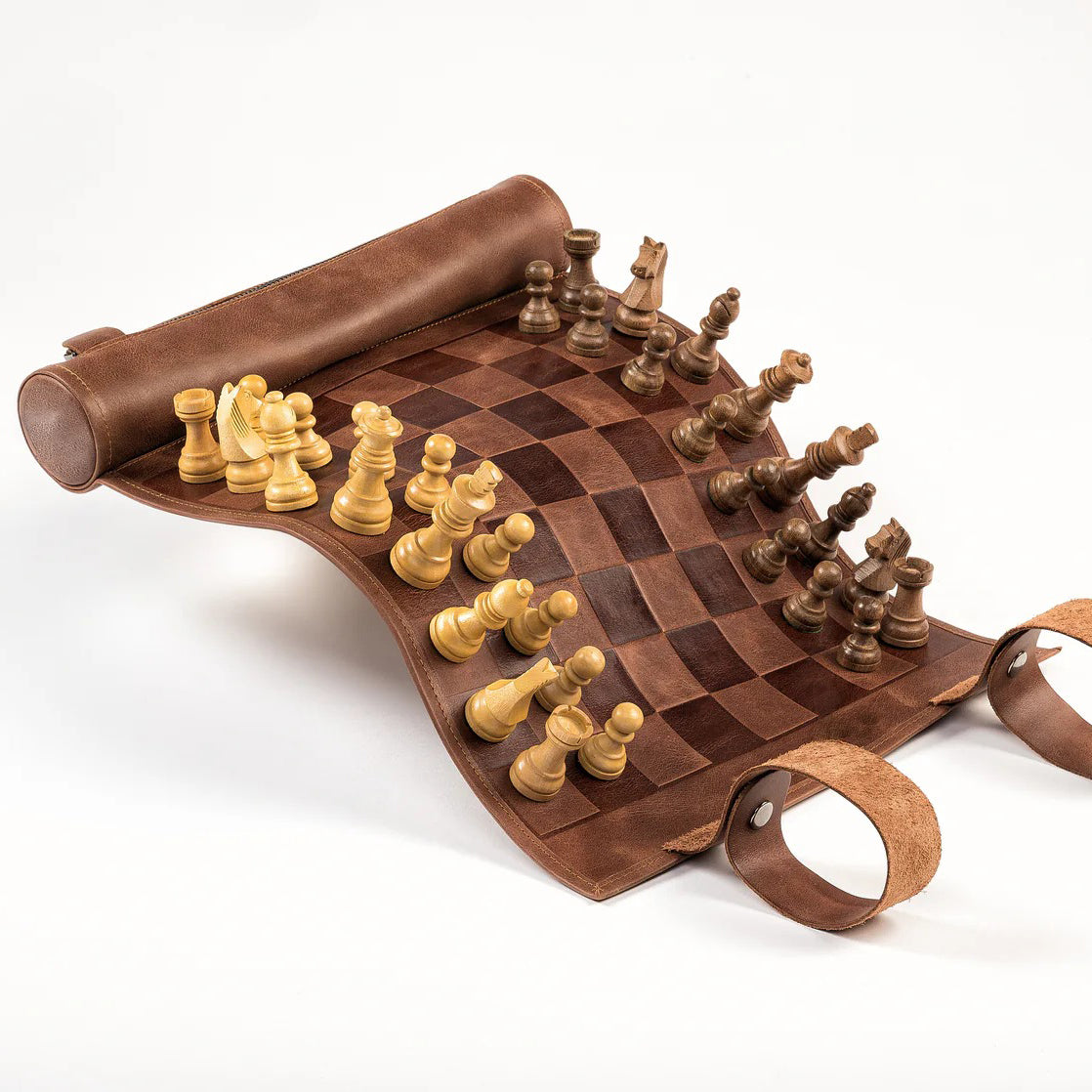 Roll-Up Magnetic Leather Chess Set – Full-Grain Leather Board & Handcrafted Wooden Pieces