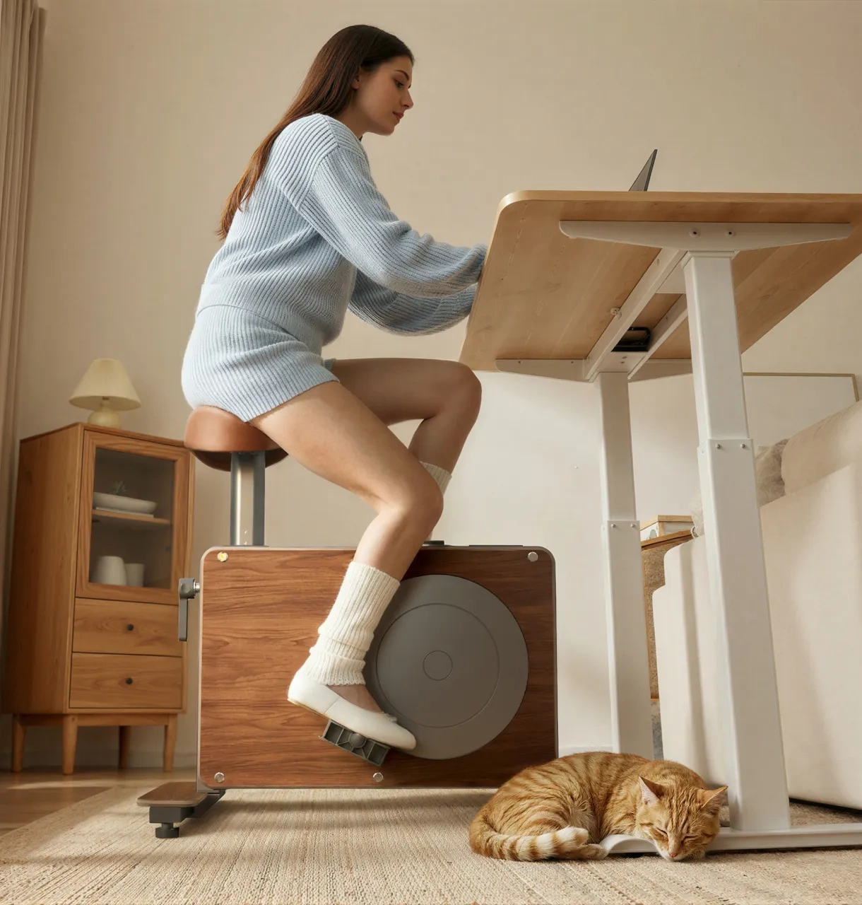 Compact wood-look stationary bike in a warm home office