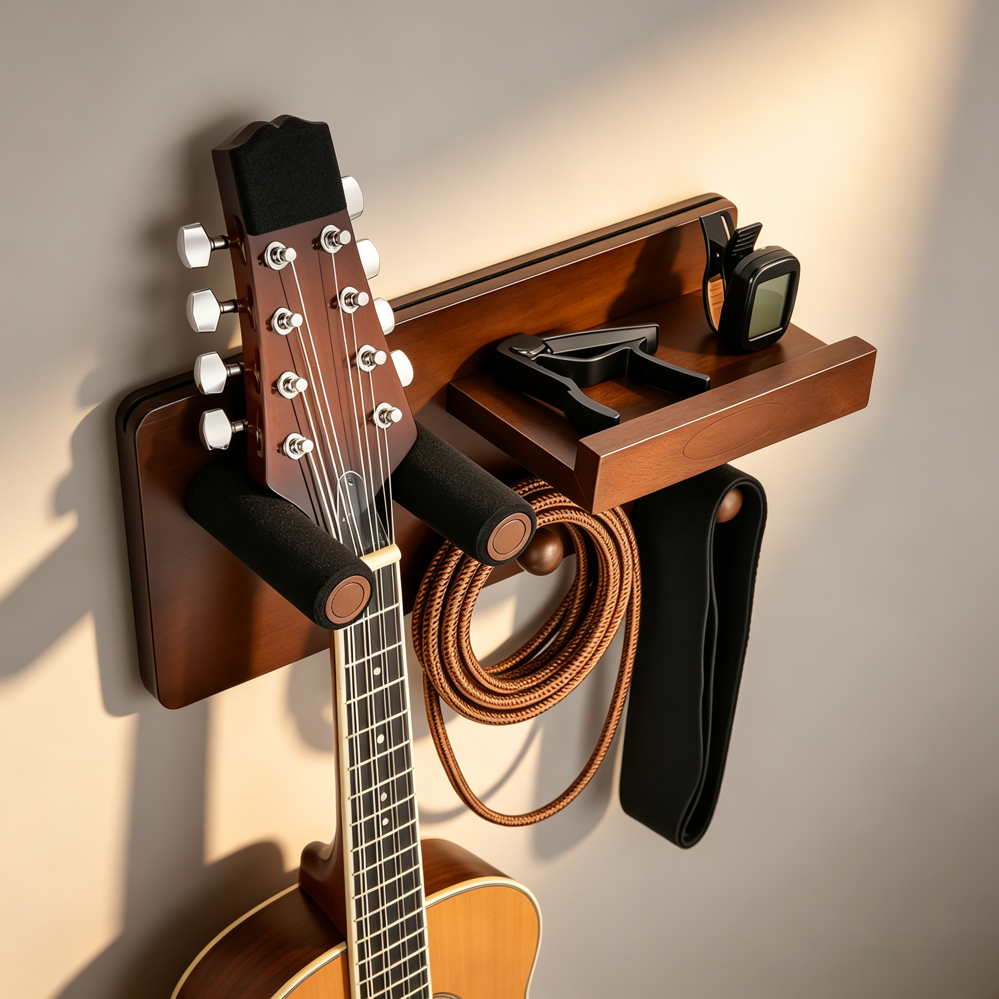 Guitar Wall Mount with Storage Shelf – Solid Wood, Pick Holder, 2 Hooks, 33 lbs Capacity
