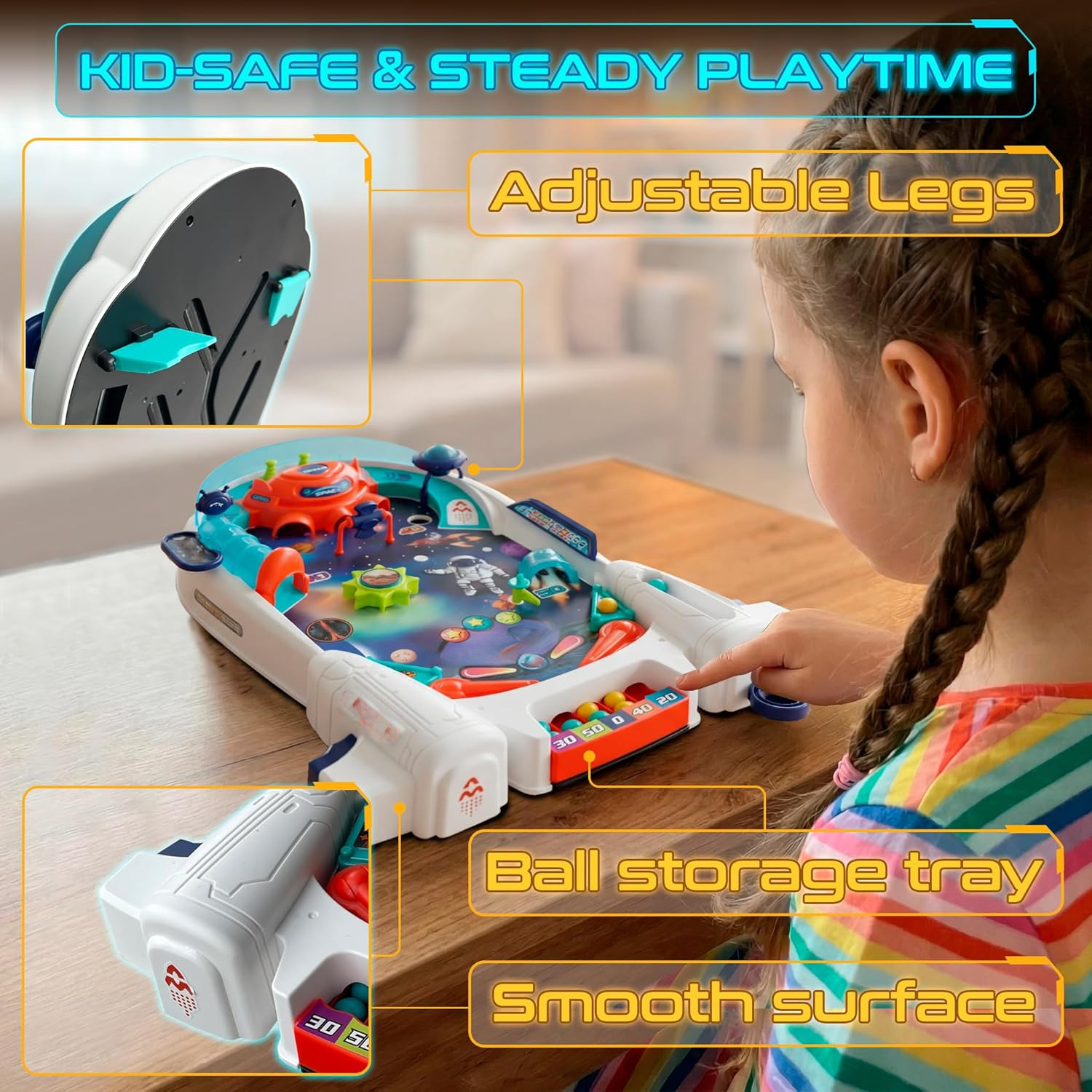 Space-Themed Kids Mini Pinball Machine – Tabletop Arcade Game