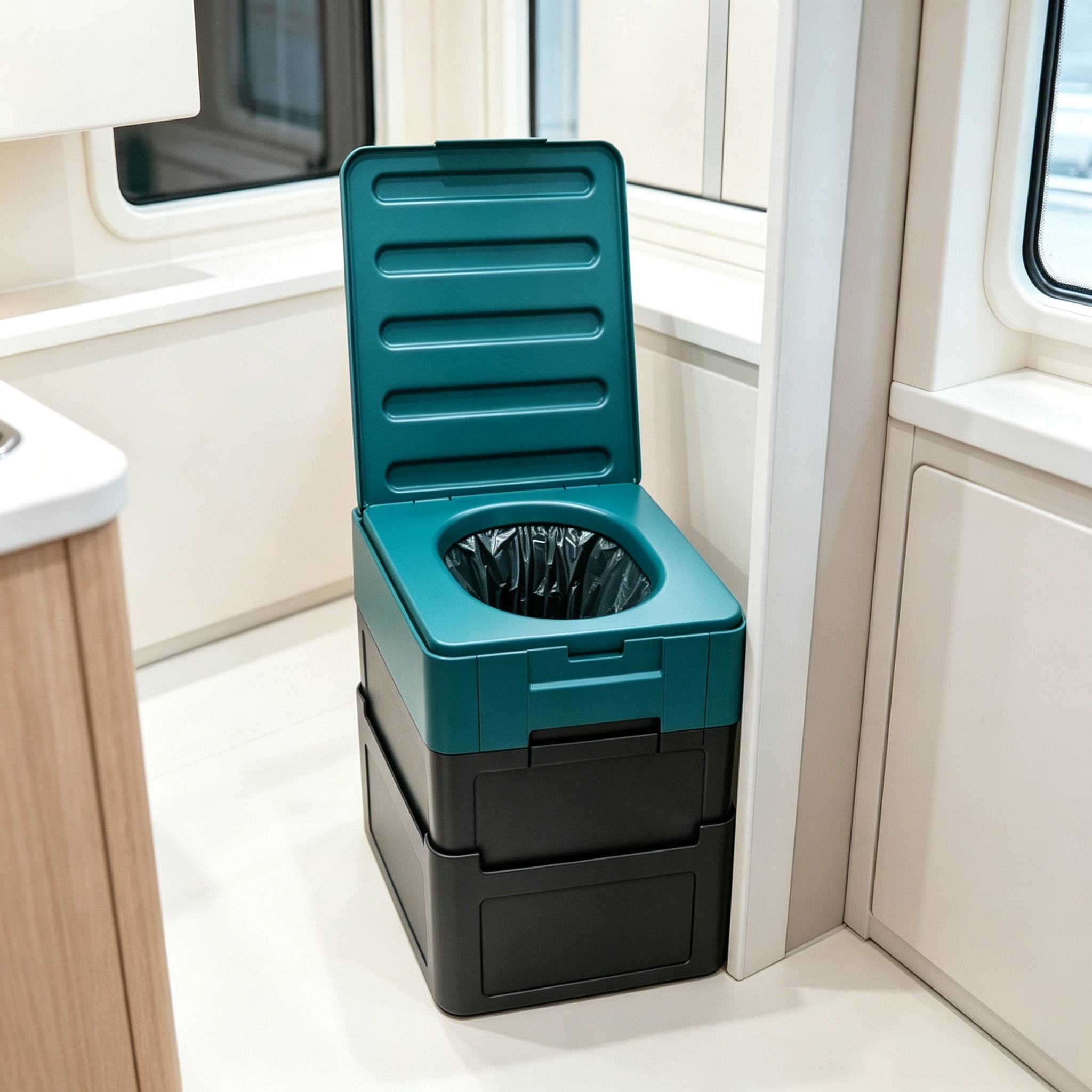 Portable waterless toilet set up inside an RV