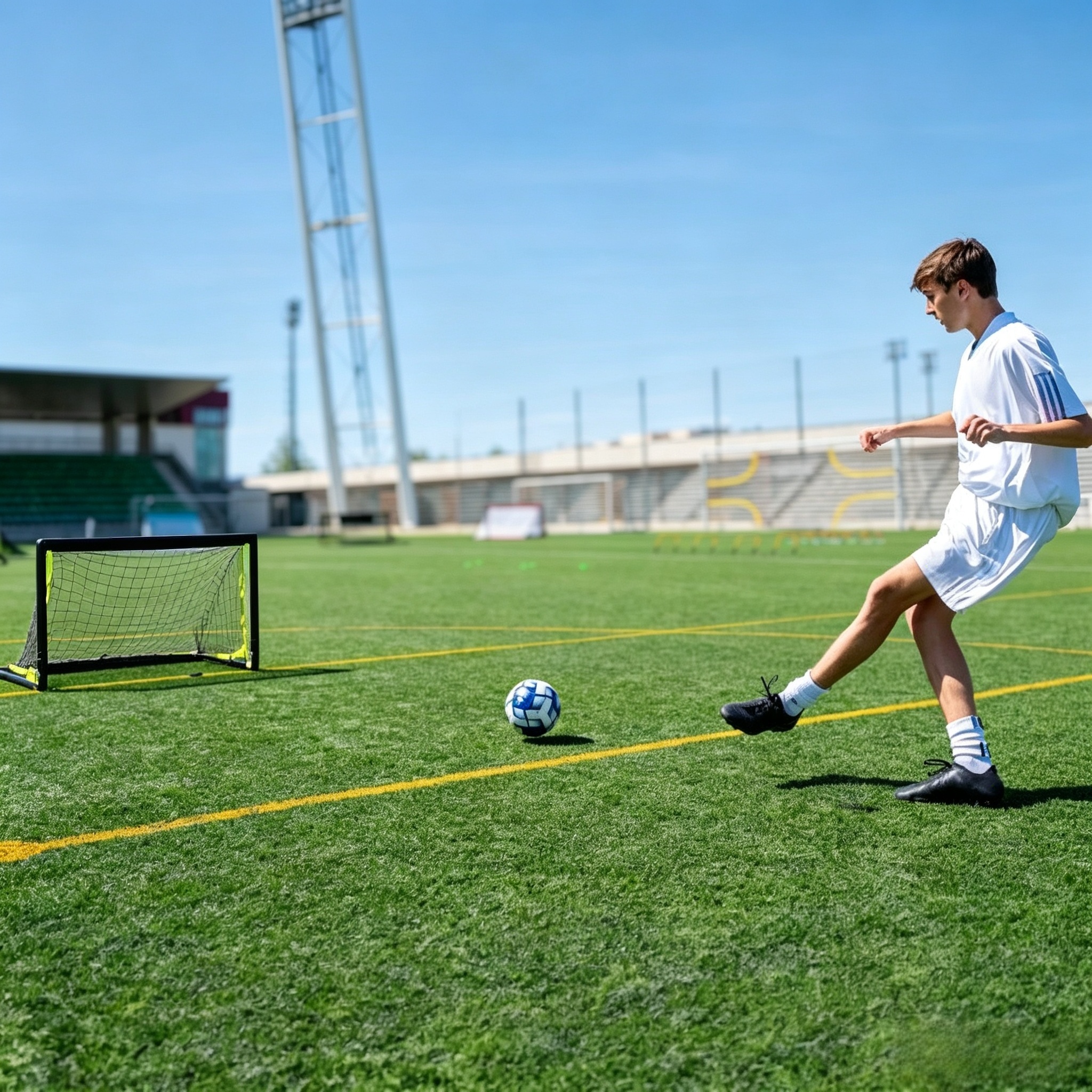 Player shooting at portable pop-up football goal on a green pitch