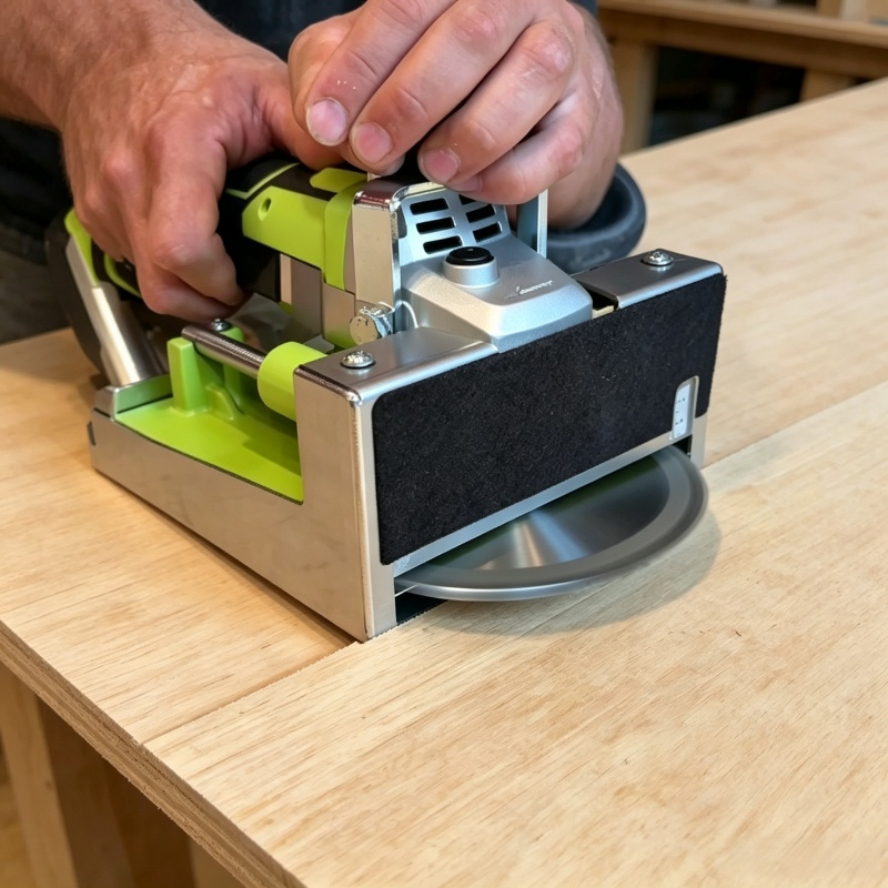 Cordless green cutting saw trimming a wooden board on workbench