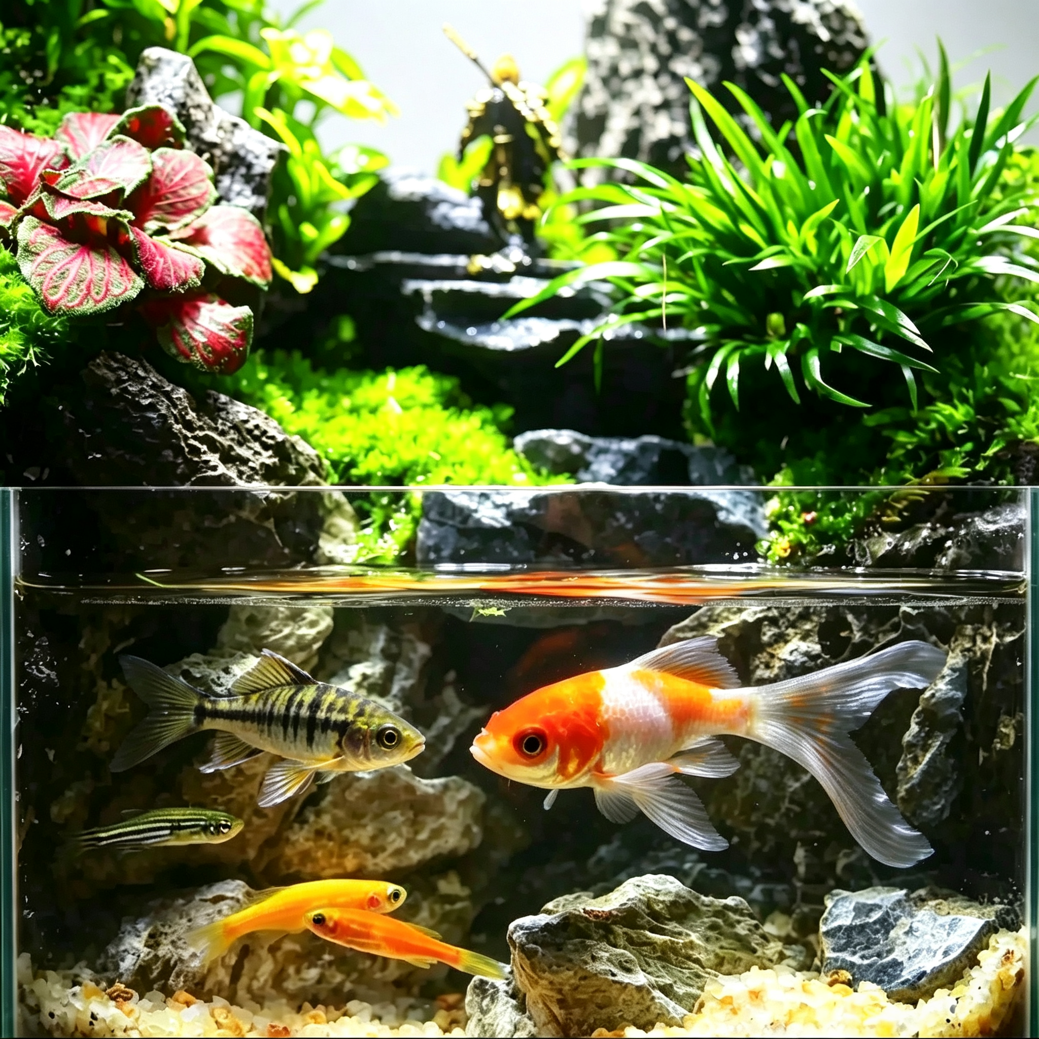 Fish swimming among plants and moss cloud decor in a freshwater aquarium