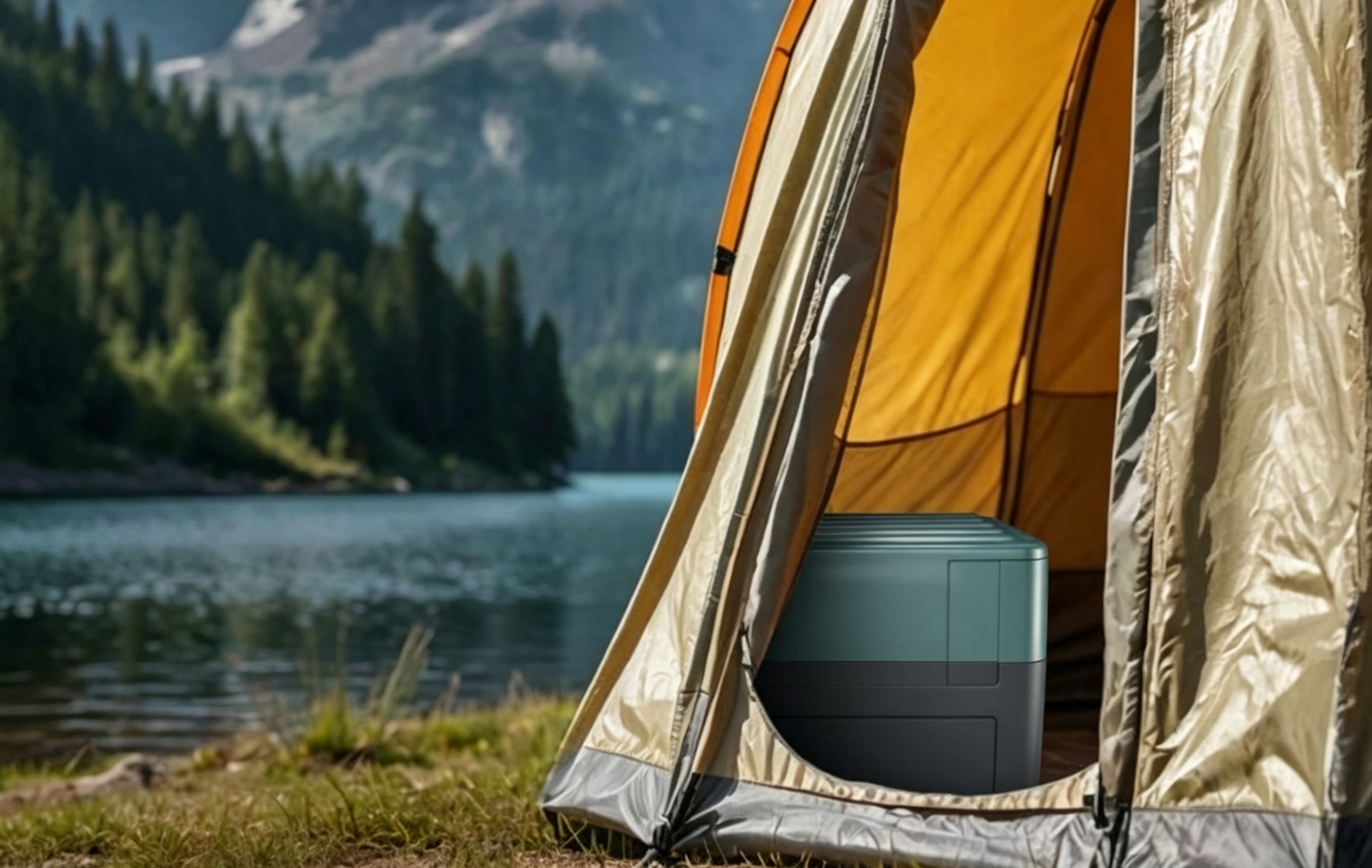 Portable toilet inside a tent by a mountain lake