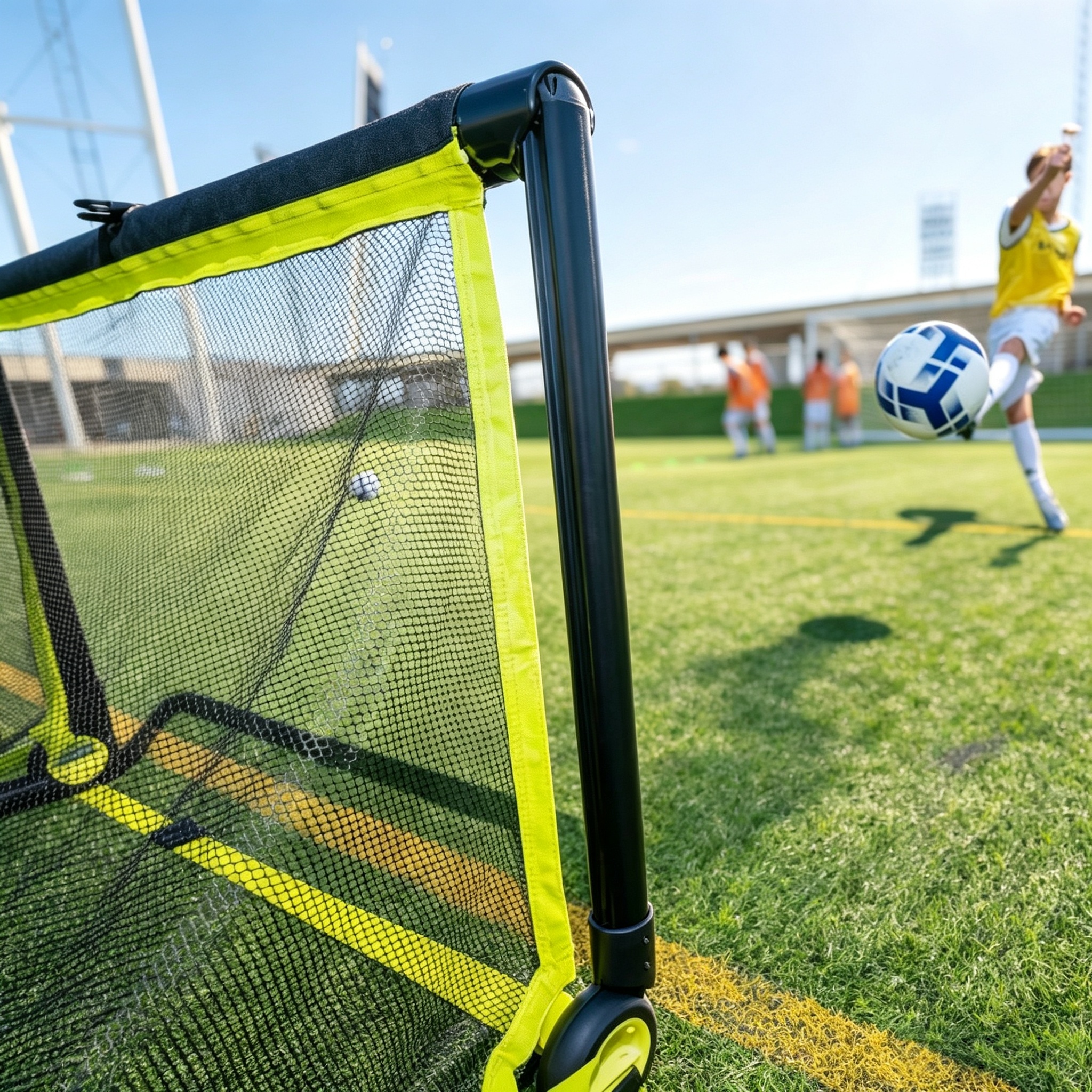 Close-up of black frame and bright yellow net with a player shooting