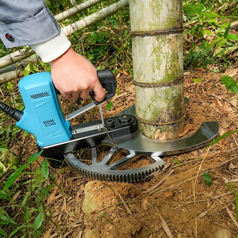 Electric bamboo cutting tool in use on a bamboo stalk outdoors