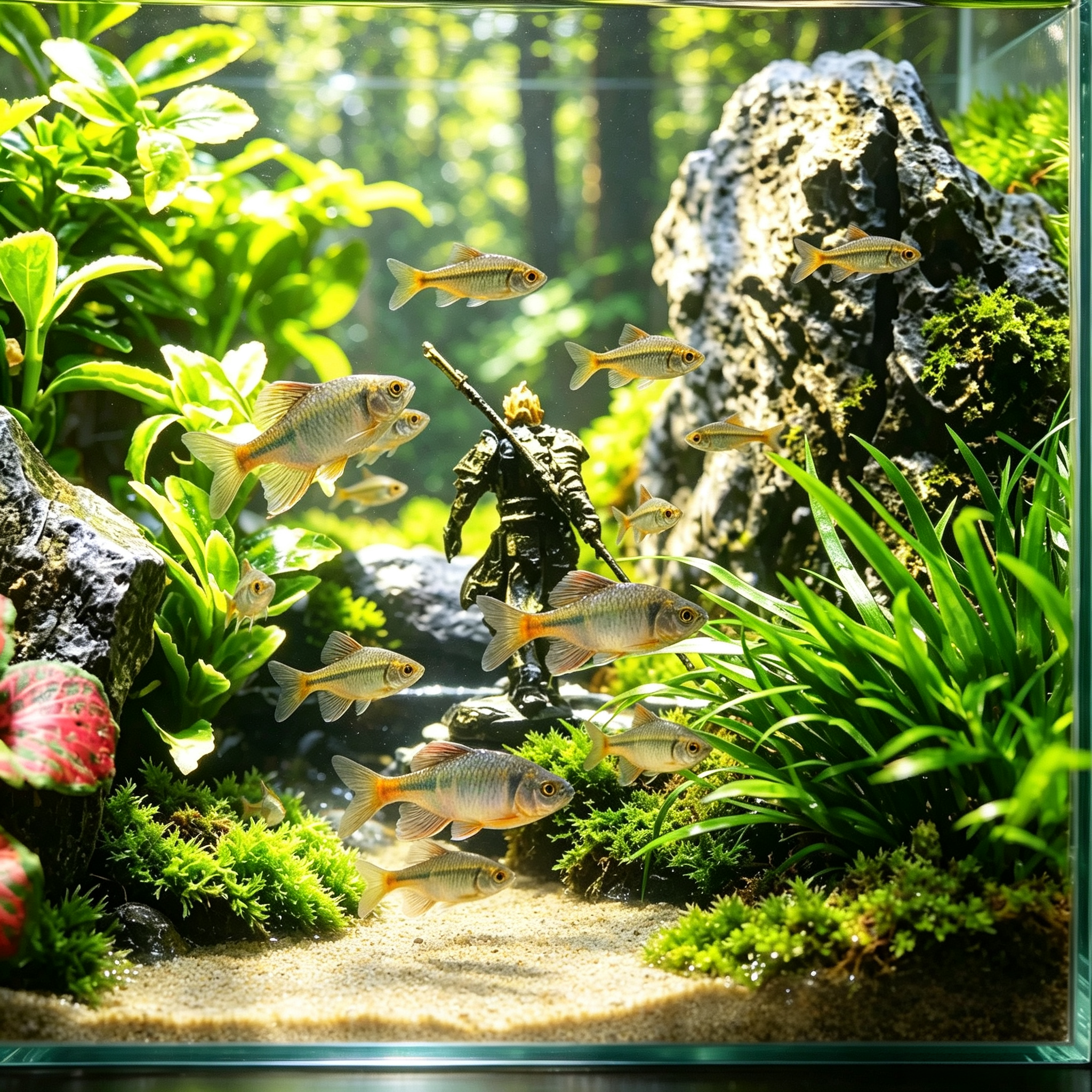 School of fish swimming around moss cloud decoration in a planted aquarium