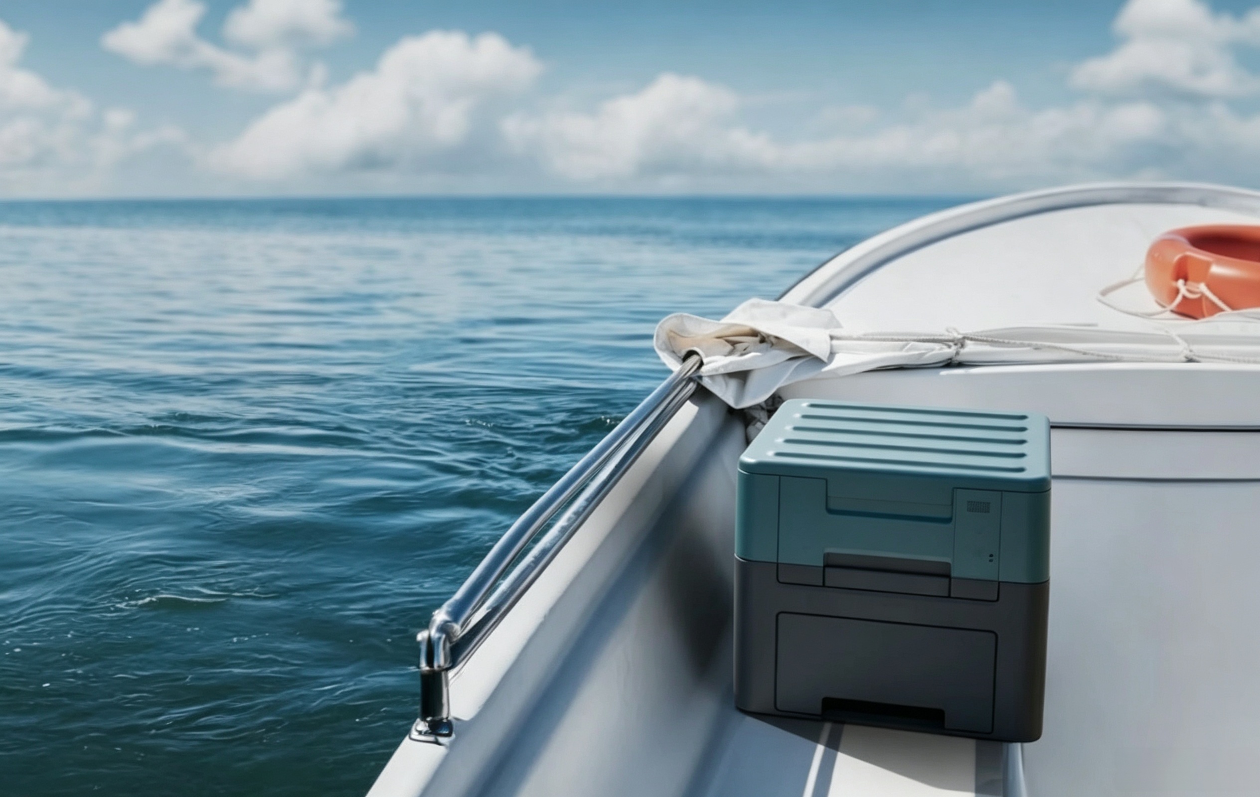 Portable toilet on a boat deck with open sea