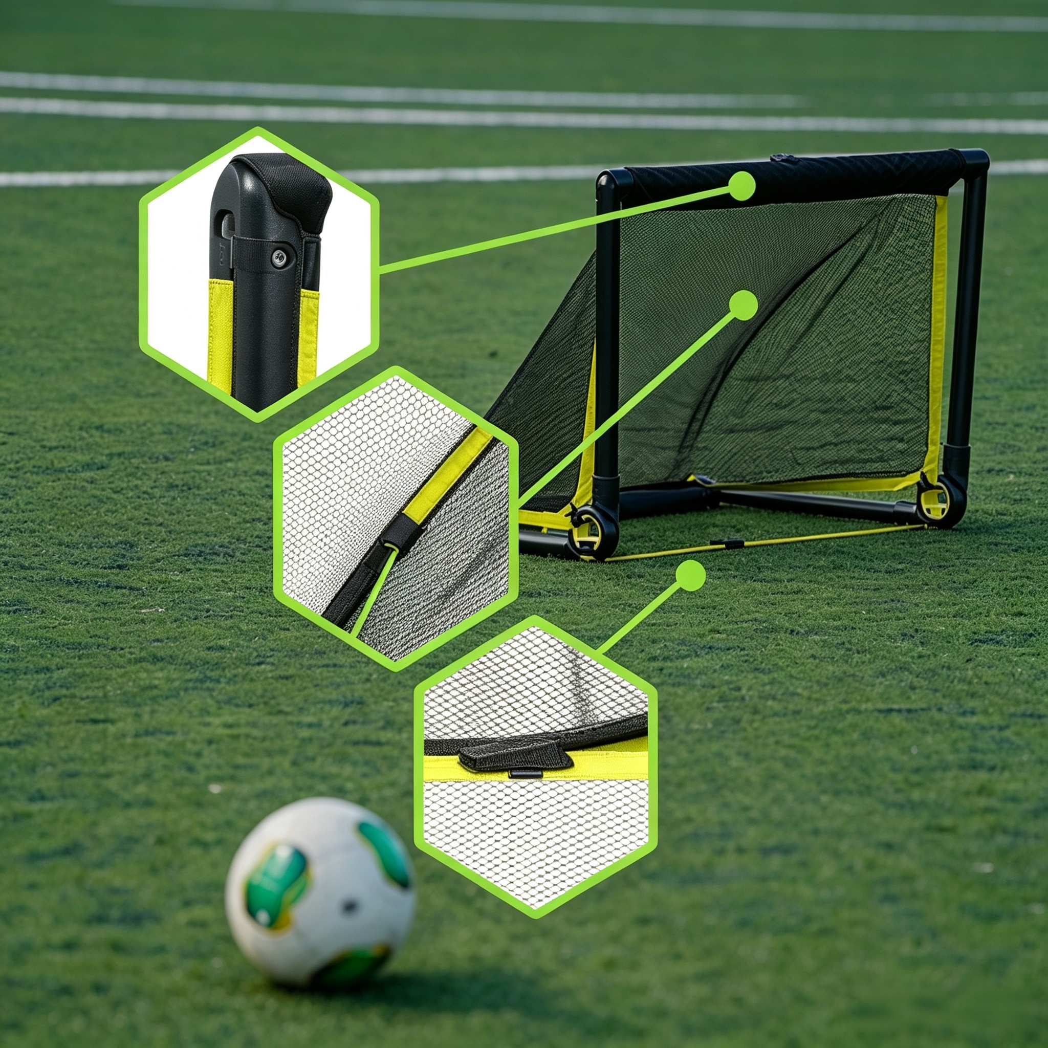 Pop-up football goal with detail callouts on frame, net and base