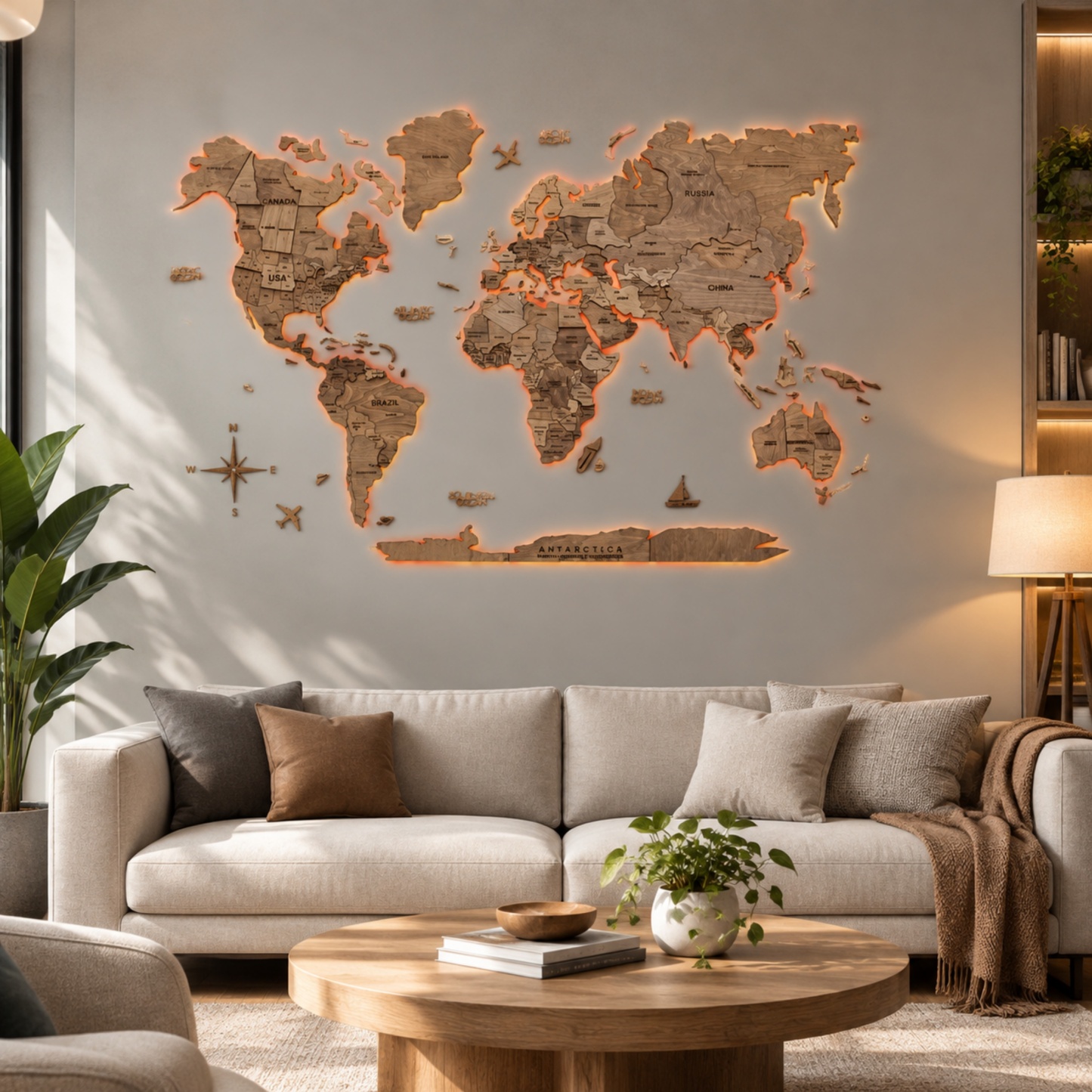 LUMINOUS Wooden World Map – LED Backlit 3D Wall Art for Travel‑Inspired Interiors