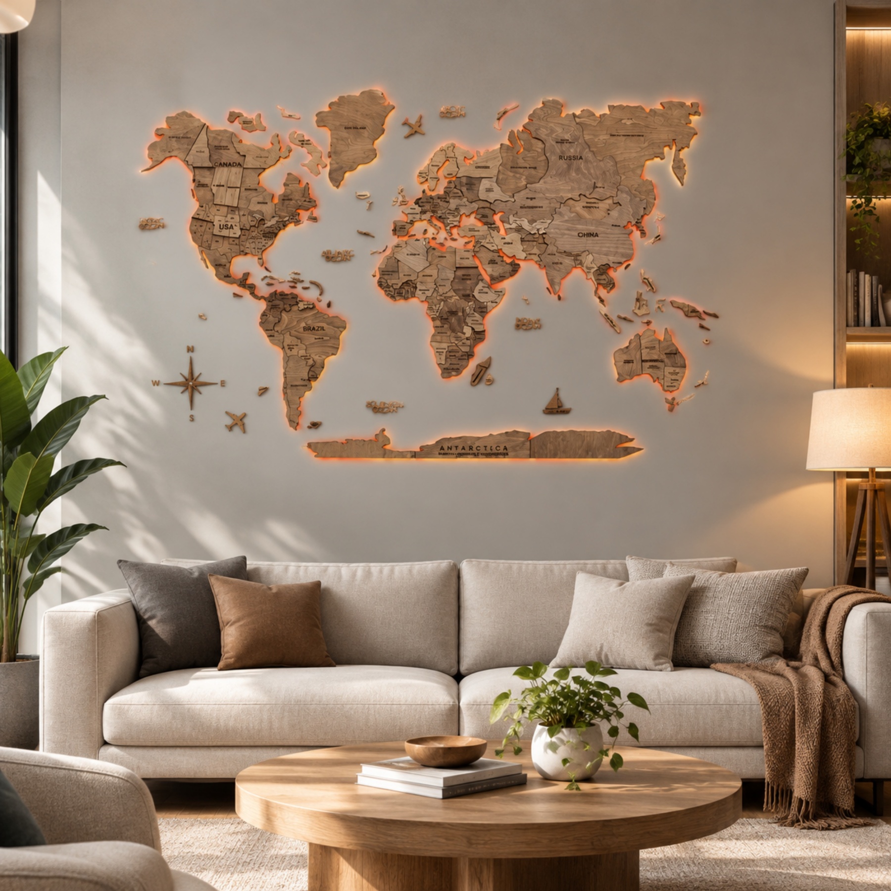 LUMINOUS Wooden World Map – LED Backlit 3D Wall Art for Travel‑Inspired Interiors
