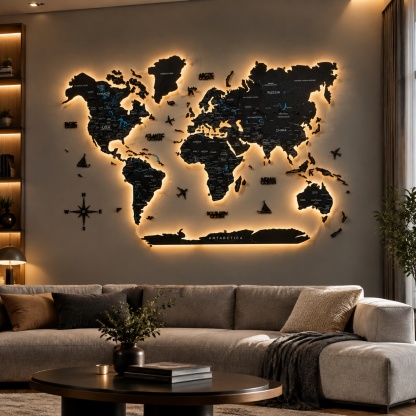 LUMINOUS Wooden World Map – LED Backlit 3D Wall Art for Travel‑Inspired Interiors