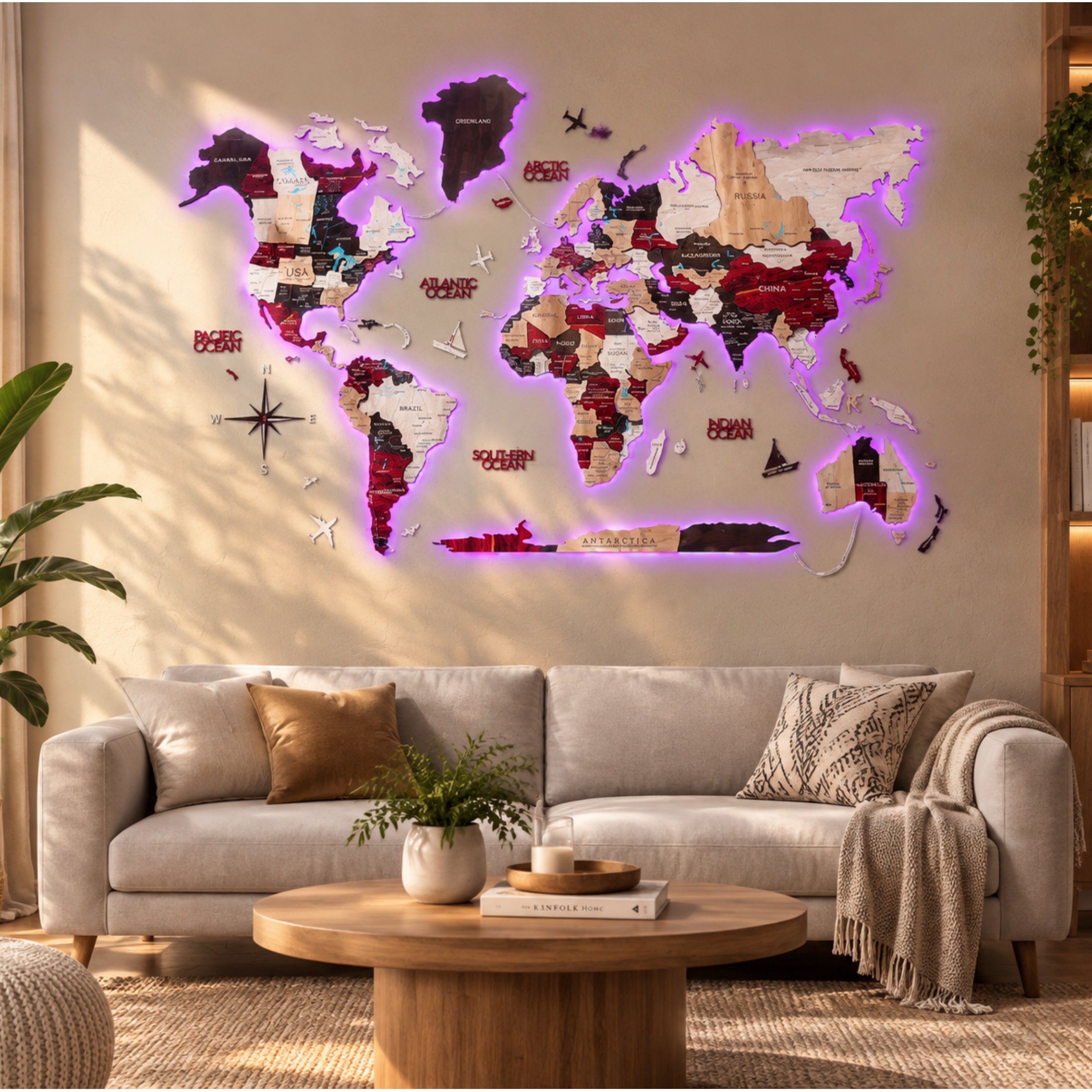 LUMINOUS Wooden World Map – LED Backlit 3D Wall Art for Travel‑Inspired Interiors
