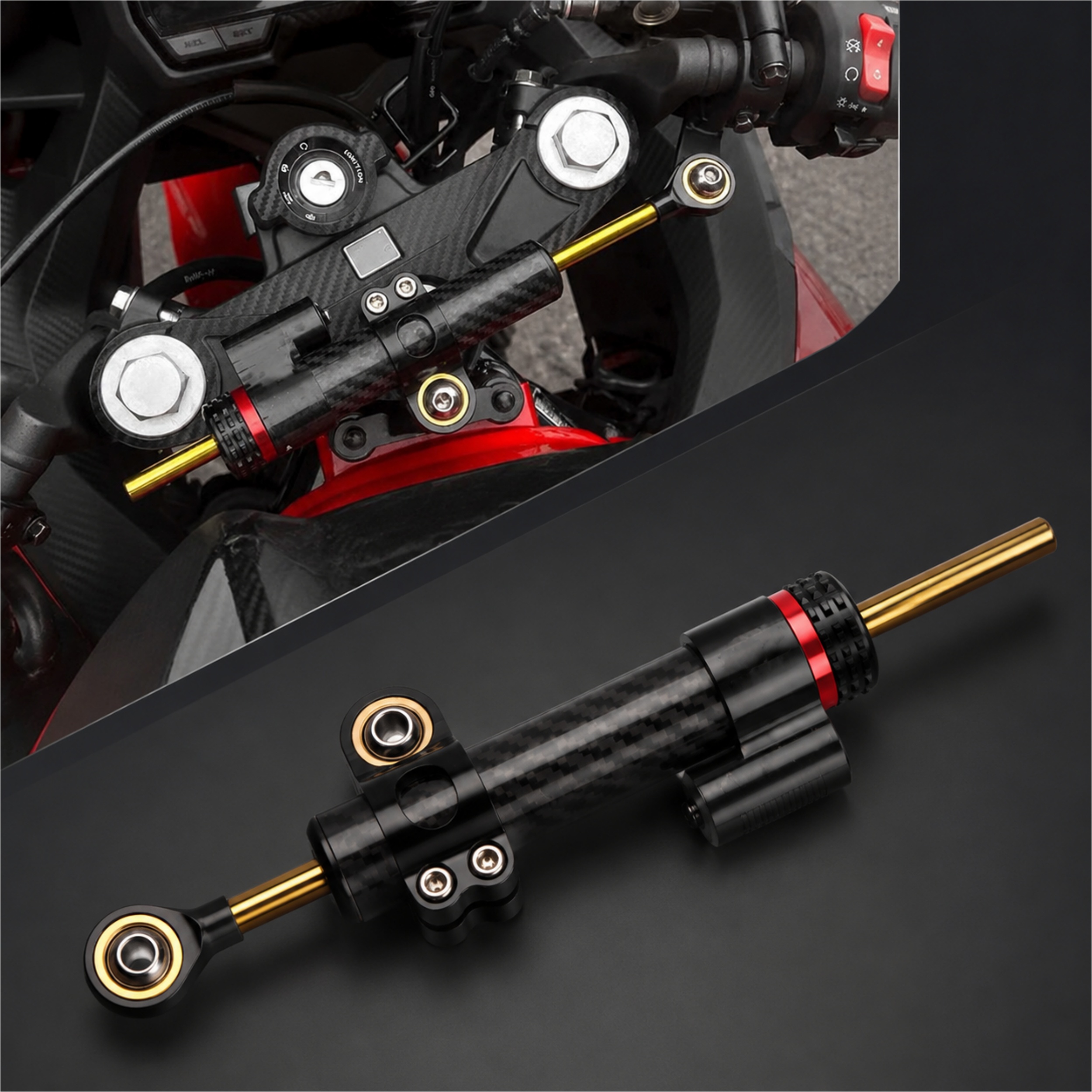 Universal Motorcycle Steering Damper – Adjustable Stabilizer with Carbon Fiber Finish