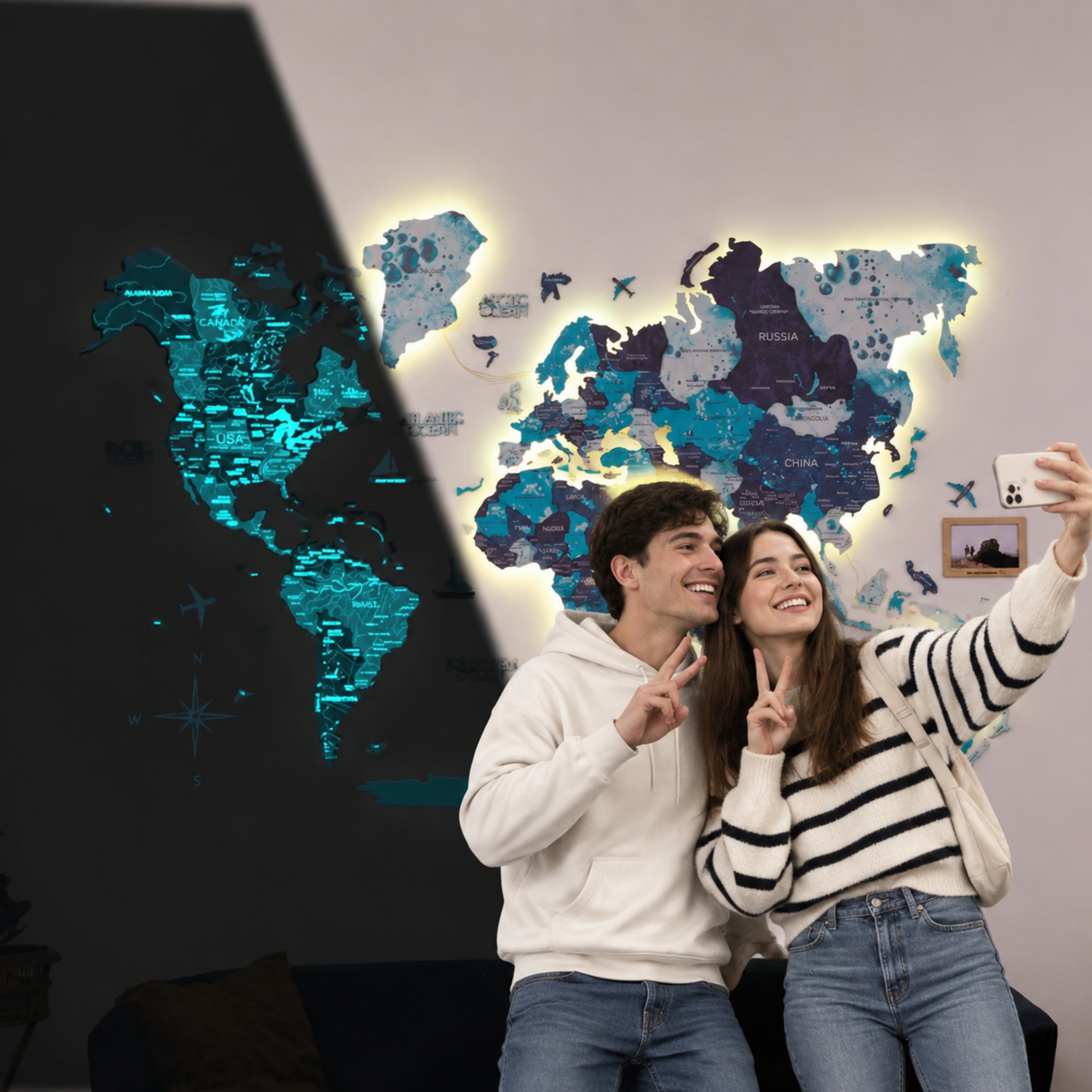 LUMINOUS Wooden World Map – LED Backlit 3D Wall Art for Travel‑Inspired Interiors