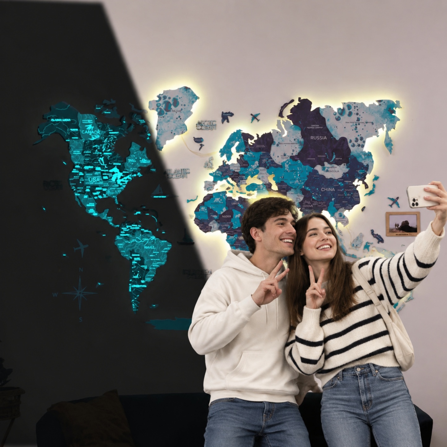 LUMINOUS Wooden World Map – LED Backlit 3D Wall Art for Travel‑Inspired Interiors