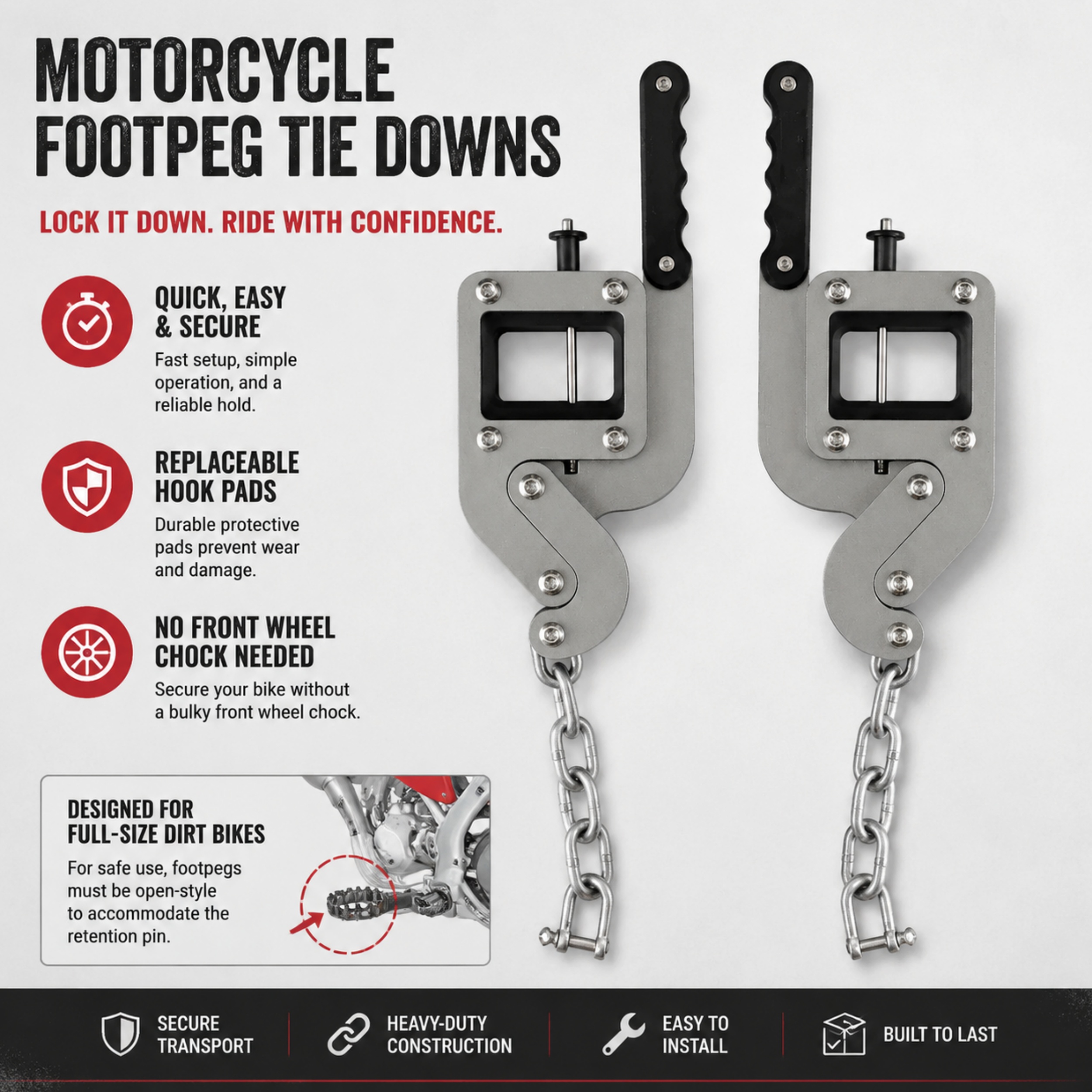 Moto Peg Binders – Quick‑Release Footpeg Tie‑Downs for Full‑Size Dirt Bikes