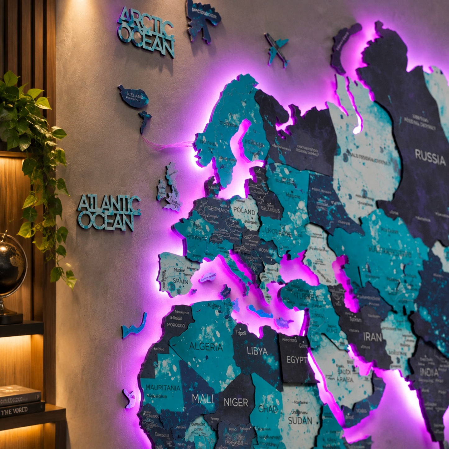 LUMINOUS Wooden World Map – LED Backlit 3D Wall Art for Travel‑Inspired Interiors