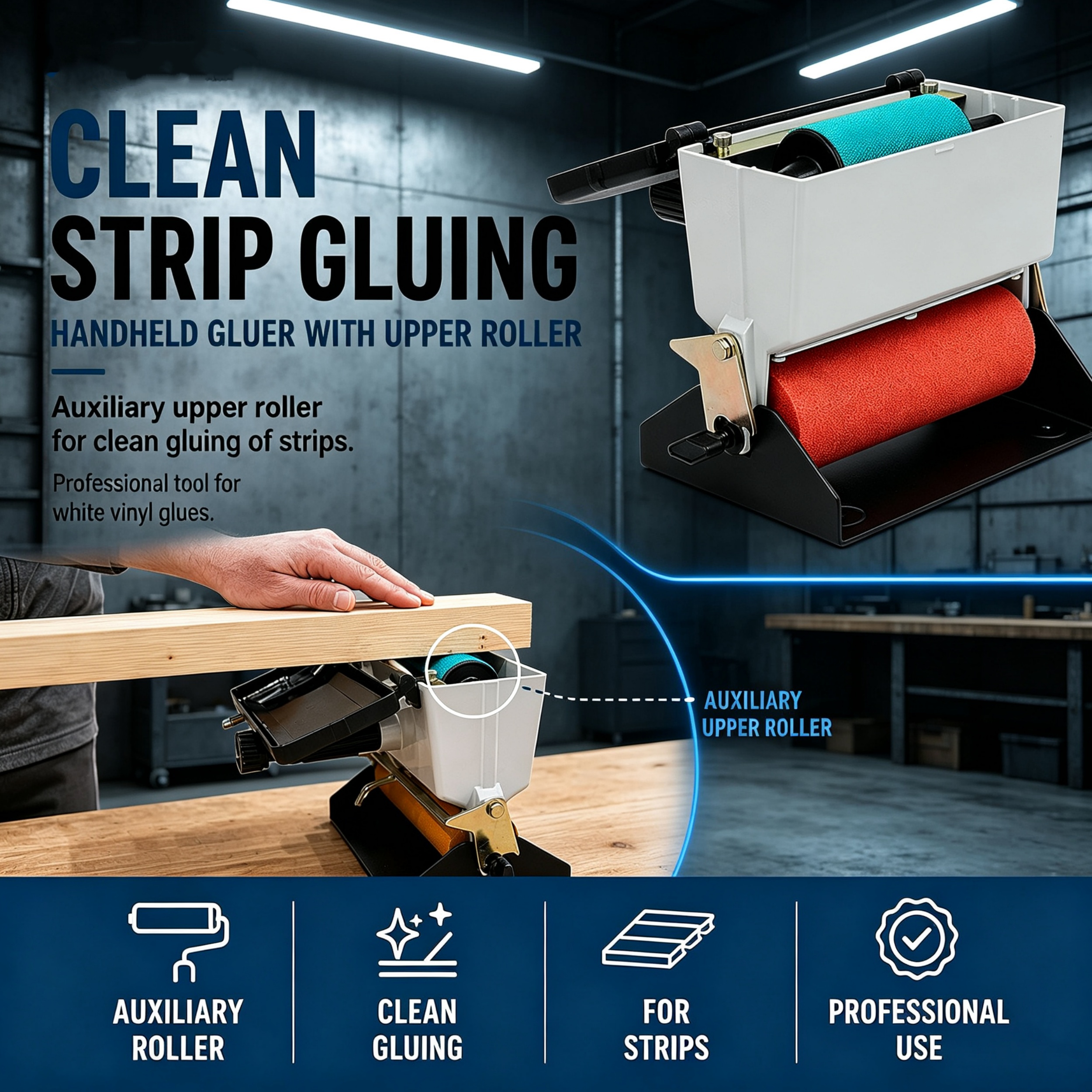 Wood Glue Applicator with Upper Roller – Dual‑Roller Flow Control Tool for Woodworking