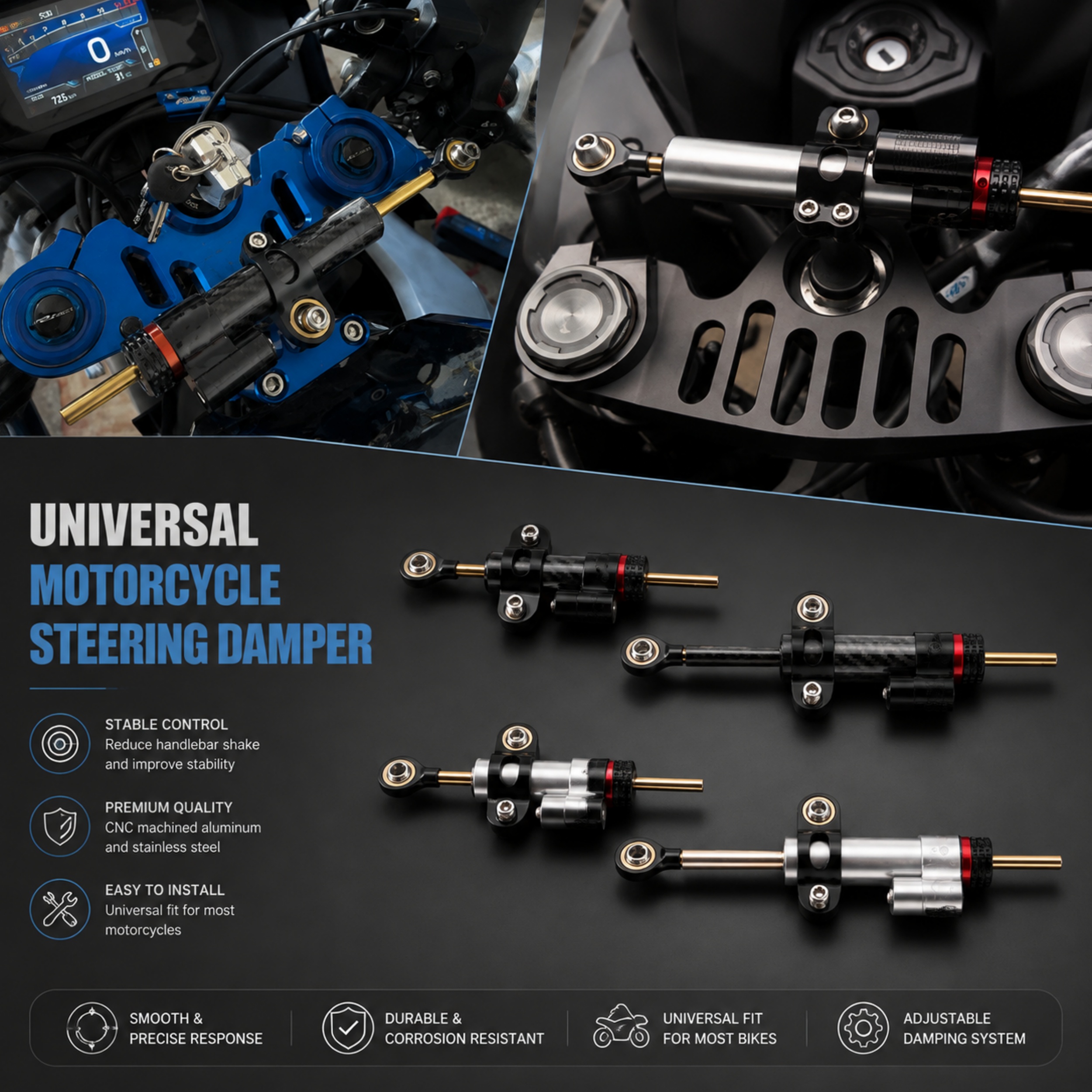 Universal Motorcycle Steering Damper – Adjustable Stabilizer with Carbon Fiber Finish