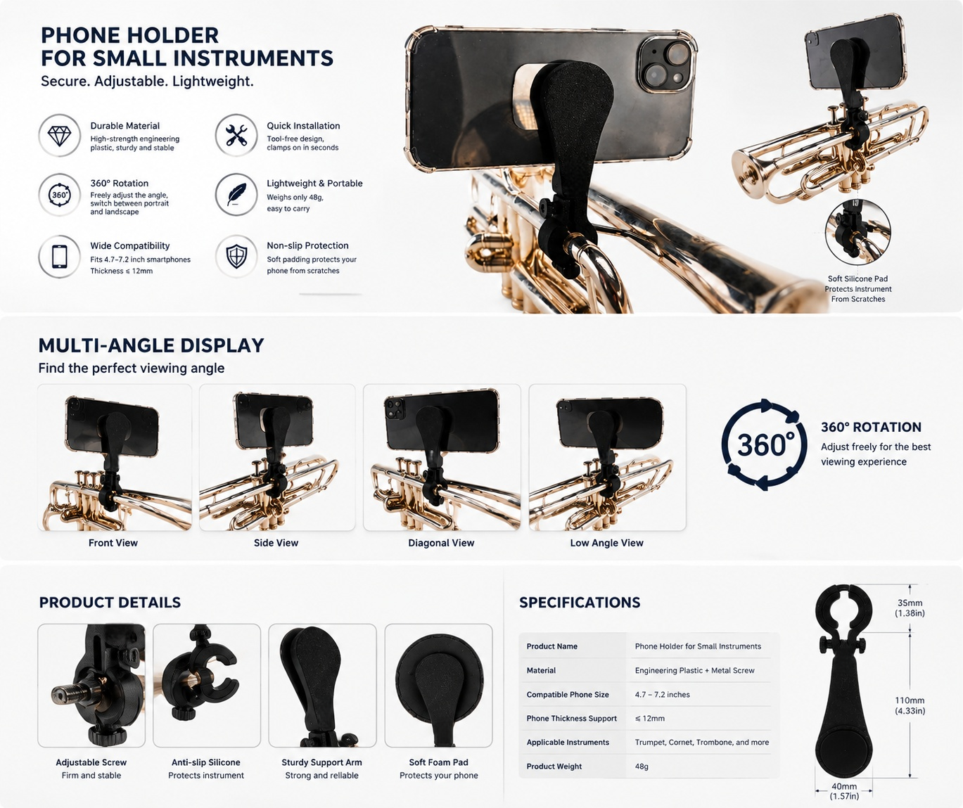 Magnetic Trumpet Mobile Phone Holder for Digital Sheet Music
