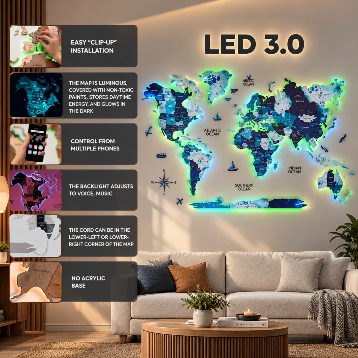 LUMINOUS Wooden World Map – LED Backlit 3D Wall Art for Travel‑Inspired Interiors