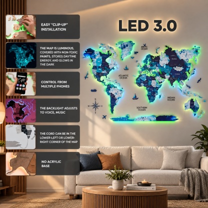 LUMINOUS Wooden World Map – LED Backlit 3D Wall Art for Travel‑Inspired Interiors