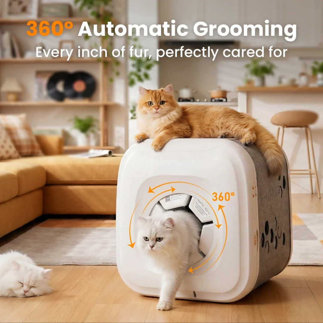 Self-Cleaning Grooming House for Cats – 360° Brushing, Adjustable Entrance