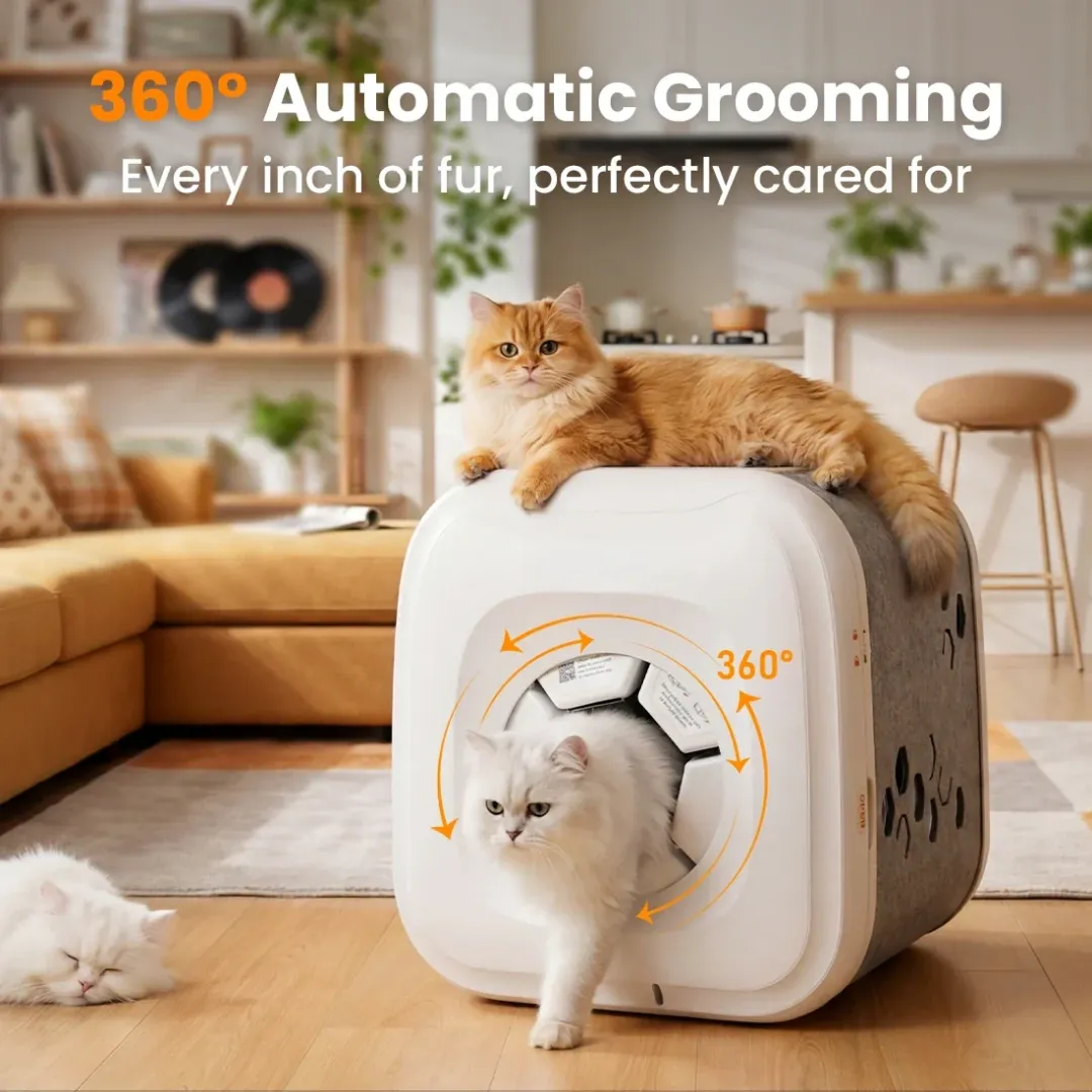Self-Cleaning Grooming House for Cats – 360° Brushing, Adjustable Entrance
