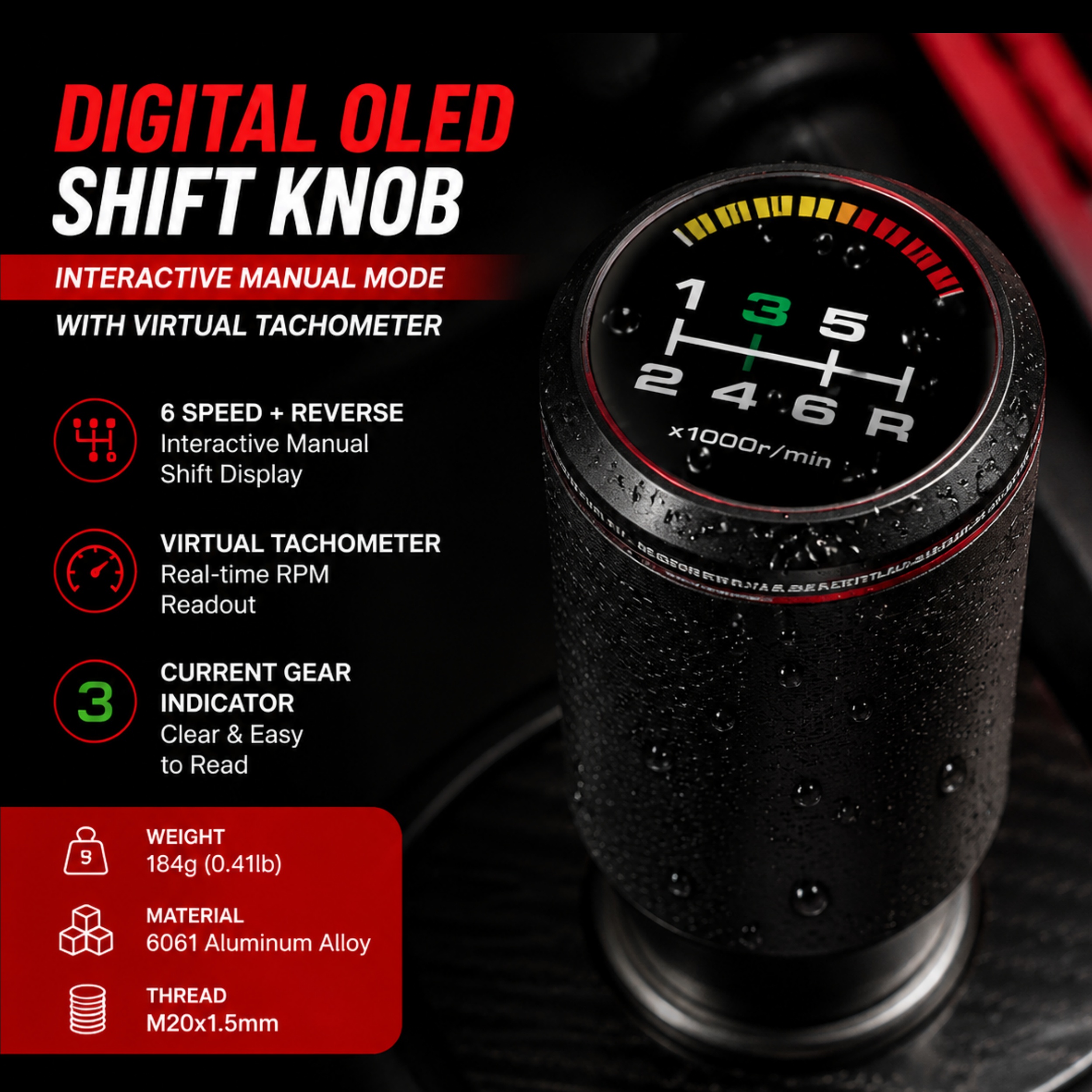 OLED Digital Shift Knob with Virtual Tachometer – High‑Tech Manual Gear Knob