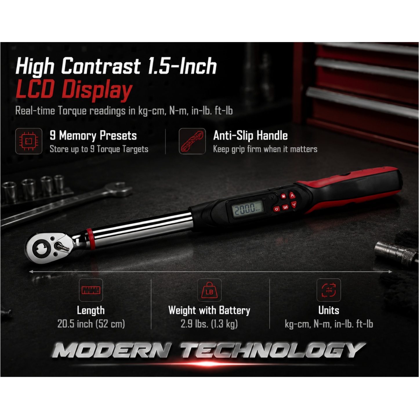 3/8" Drive Flex-Head Torque Wrench – 5–125 ft-lb, Digital with LED & Vibration Alerts