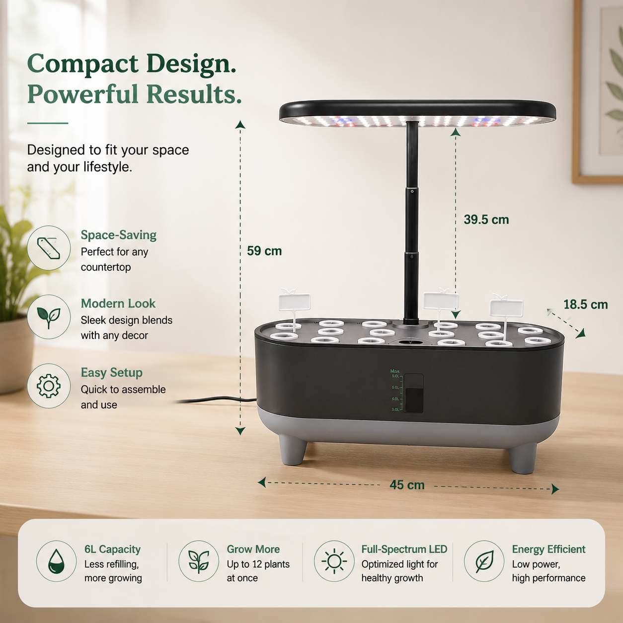 Smart Indoor Hydroponic System – 6L Tank, 3 Grow Modes, LED Grow Light & Starter Kit