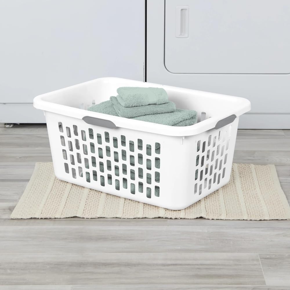 Large Plastic Laundry Basket, Clothes Hamper, Rectangle Bin with Grip Handles, for Home, Dorm, and Apartments, White, 2 Bushel Capacity