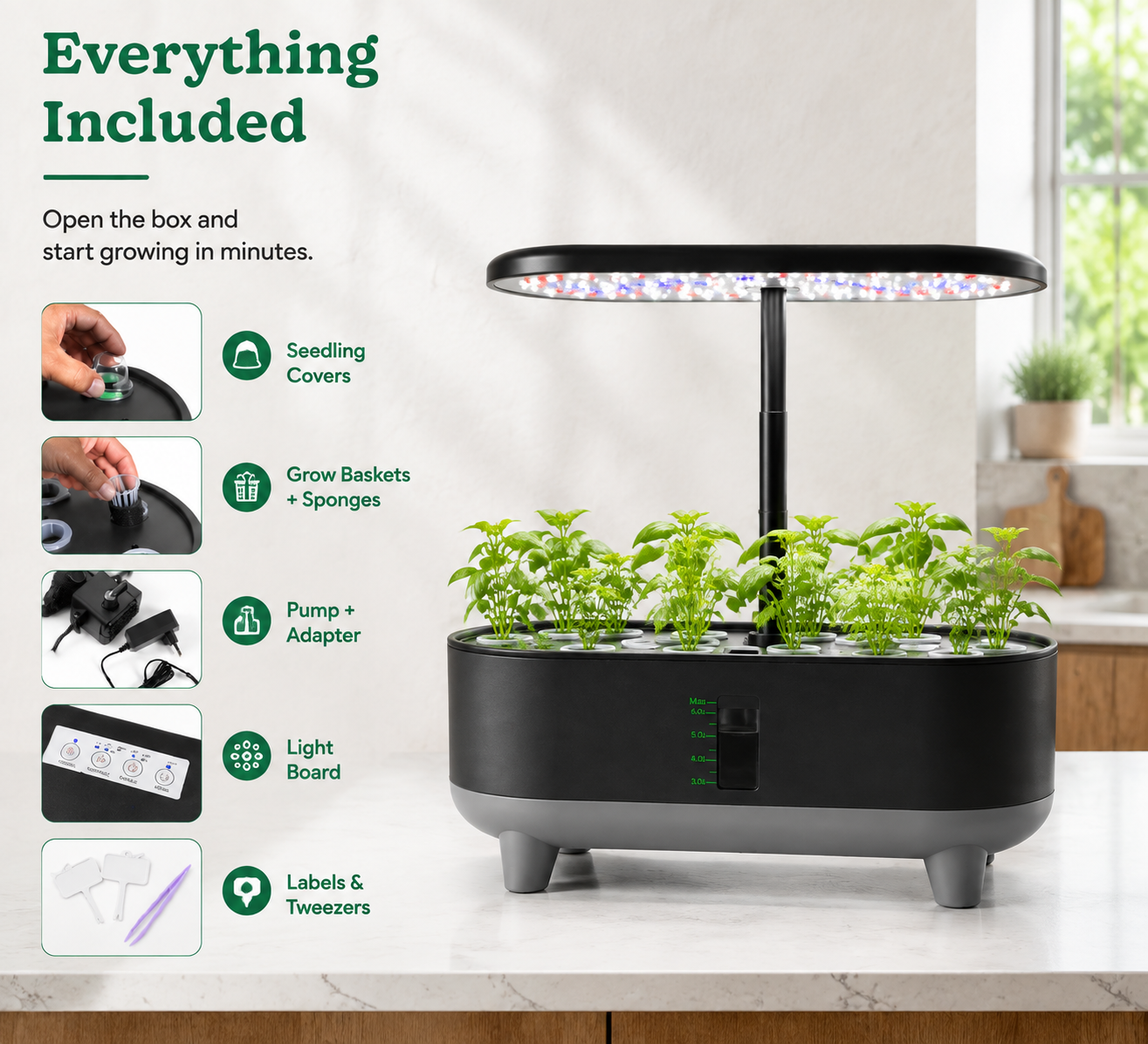 Smart Indoor Hydroponic System – 6L Tank, 3 Grow Modes, LED Grow Light & Starter Kit