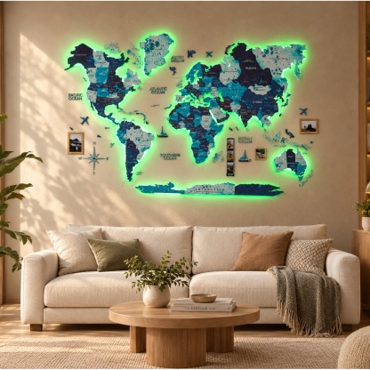 LUMINOUS Wooden World Map – LED Backlit 3D Wall Art for Travel‑Inspired Interiors
