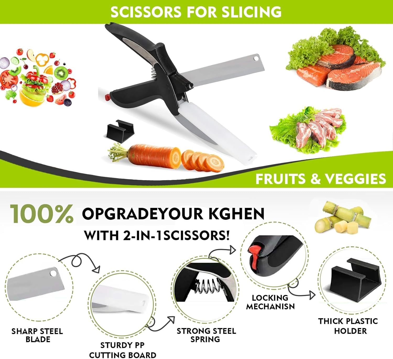 2 in 1 Kitchen Scissors for Food, Separable Stainless Steel Barbecue Steak Cutting Shears, Detachable Multi Function Kitchen Cutter for Vegetable Fruit & Meat