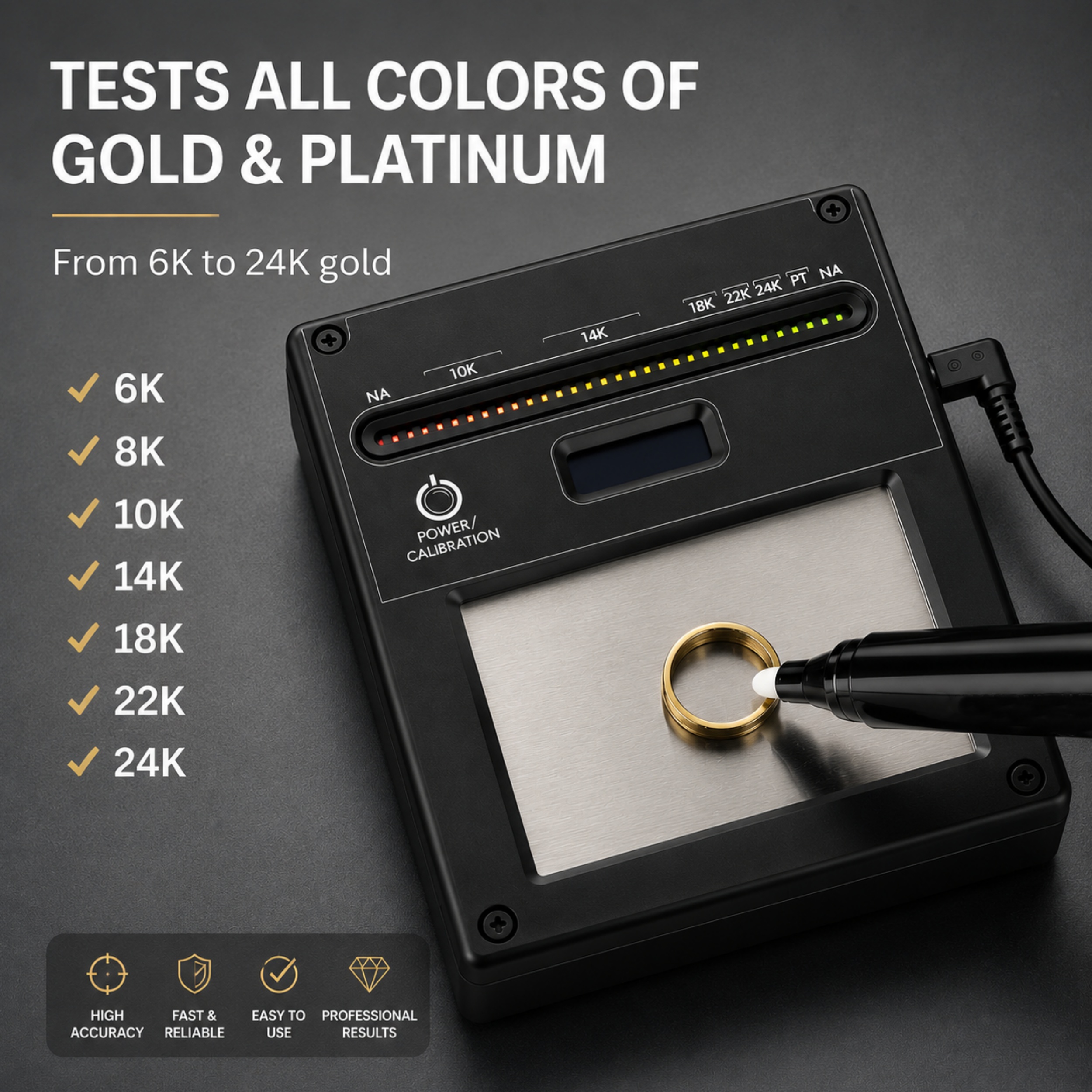 Electronic Gold Tester – 8ct to 24ct, LED Display, Pen Probe