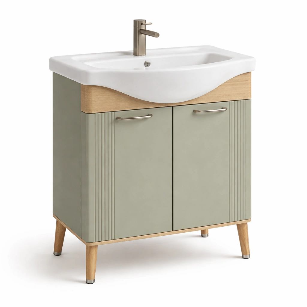 Badezimmerschrank Waschbecken Gruen Holz Modern-CasaSelvia
