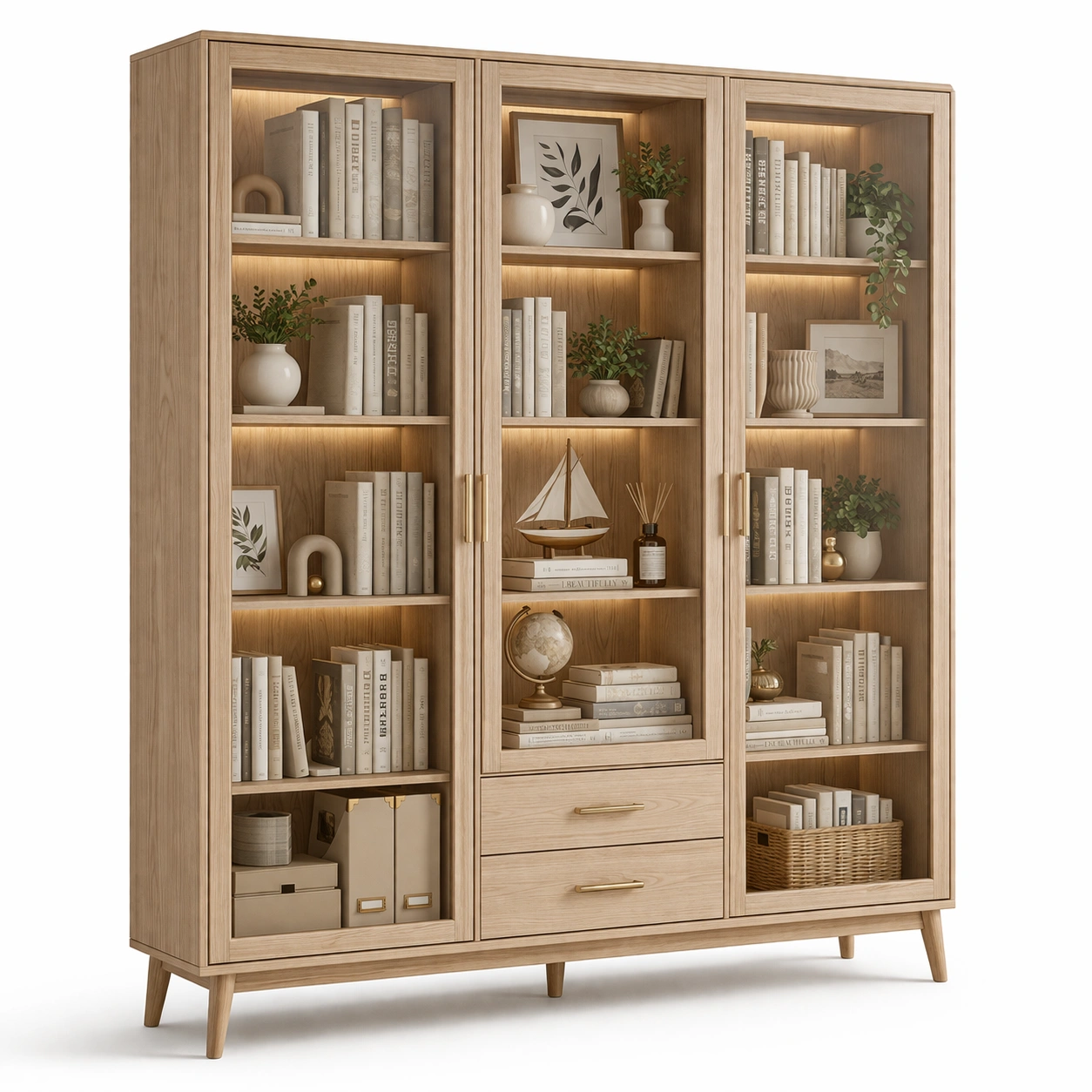 Buecherschrank Holz Natur LED Modern-CasaSelvia